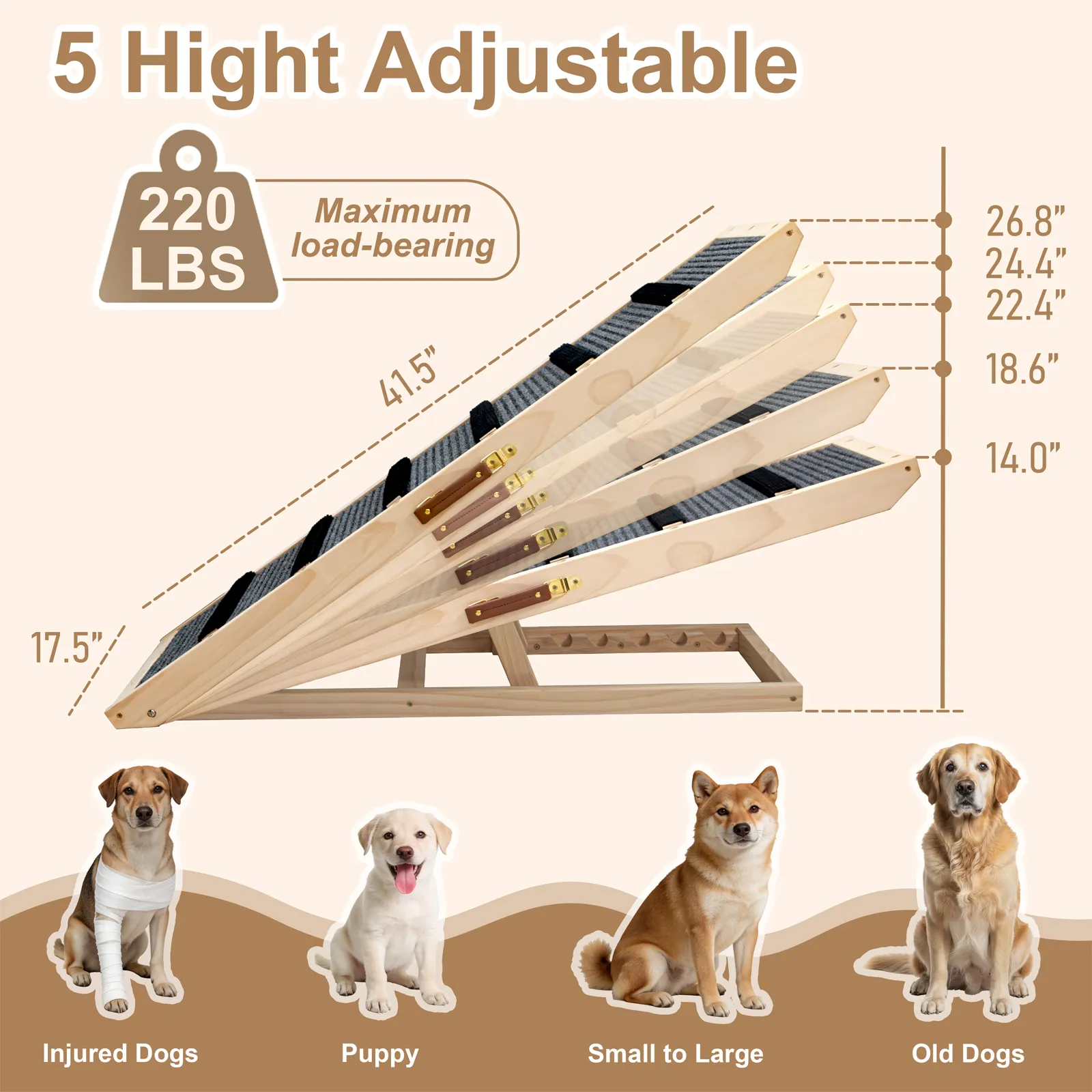Dog Ramp for Bed, with Rails, 41.5" L, 17.5" W Extra Wide Wooden Pet Ramp for Large Dogs, 5 Heights Adjustable, Foldable Portable Dog Ramp for Couch Bed Car, Anti-Slip Carpet Surface, 220 lbs Capacity