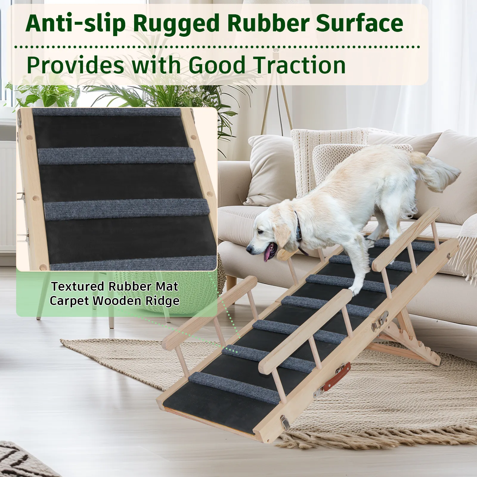 Dog Ramp with Safety Rails, 45.2" Foldable Dog Ramp for Bed, Wooden Pet Ramp for Couch, Car, 4 Adjustable Heights from 12." to 29.3", with Anti-Slip Traction Mat, Max Load 200lbs