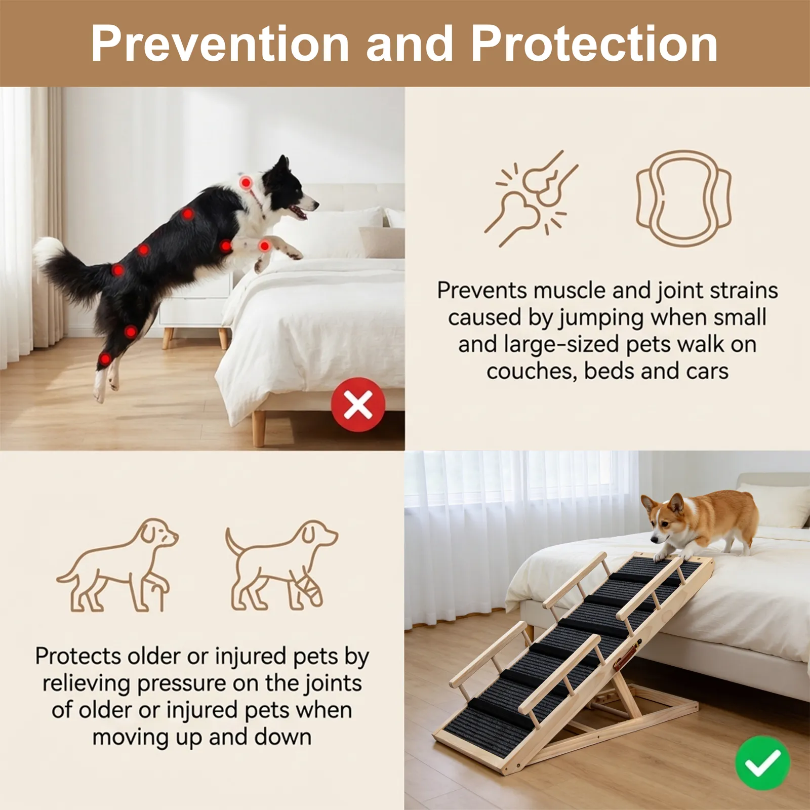 Dog Ramp for Bed, with Rails, 41.5" L, 17.5" W Extra Wide Wooden Pet Ramp for Large Dogs, 5 Heights Adjustable, Foldable Portable Dog Ramp for Couch Bed Car, Anti-Slip Carpet Surface, 220 lbs Capacity
