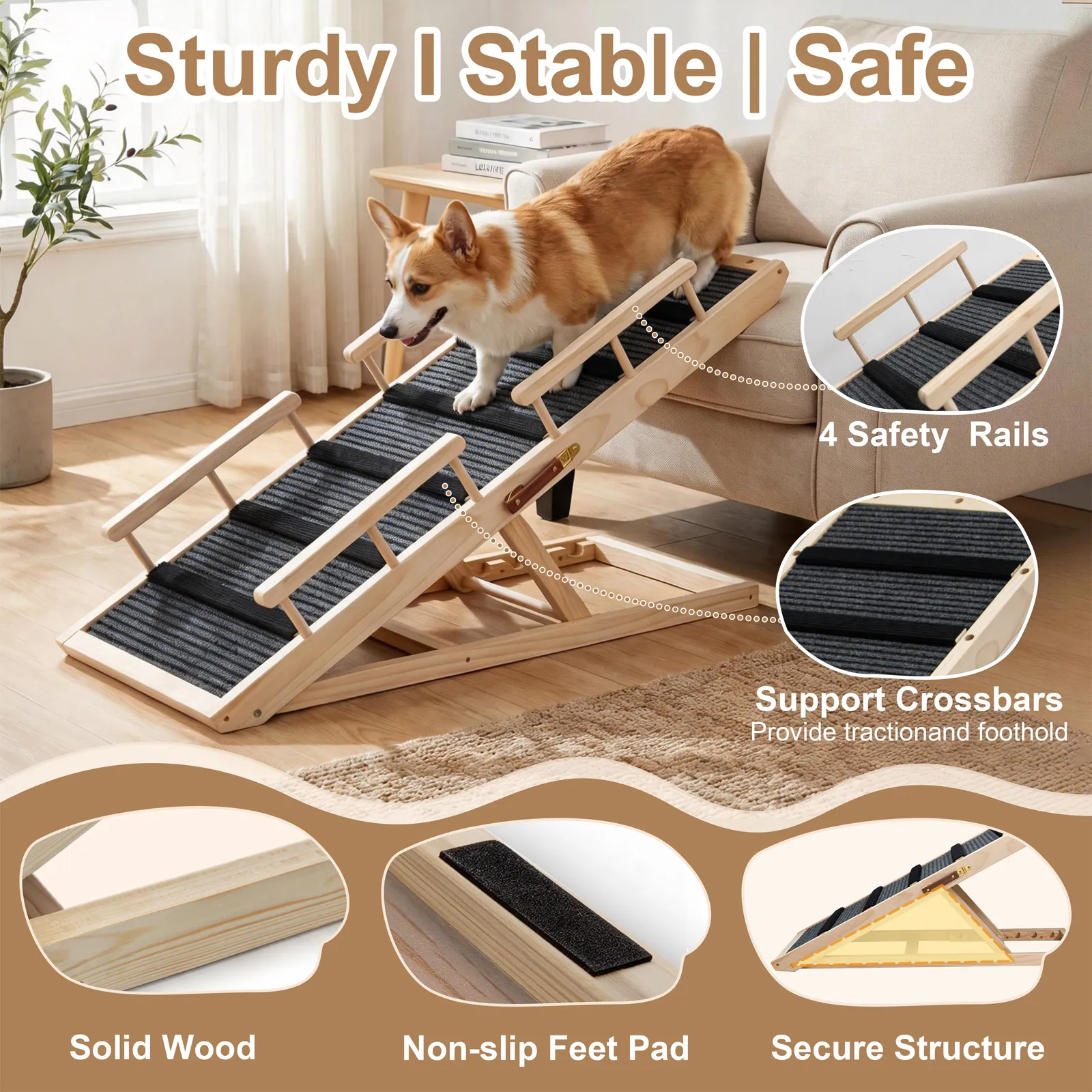 Dog Ramp for Bed, with Rails, 41.5" L, 17.5" W Extra Wide Wooden Pet Ramp for Large Dogs, 5 Heights Adjustable, Foldable Portable Dog Ramp for Couch Bed Car, Anti-Slip Carpet Surface, 220 lbs Capacity