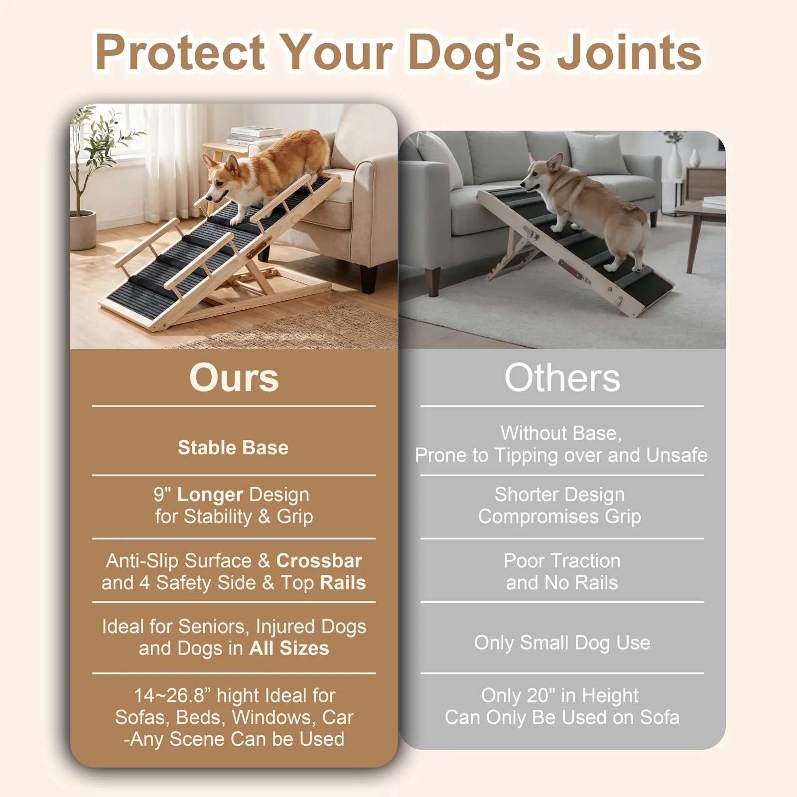 Dog Ramp for Bed, with Rails, 41.5" L, 17.5" W Extra Wide Wooden Pet Ramp for Large Dogs, 5 Heights Adjustable, Foldable Portable Dog Ramp for Couch Bed Car, Anti-Slip Carpet Surface, 220 lbs Capacity