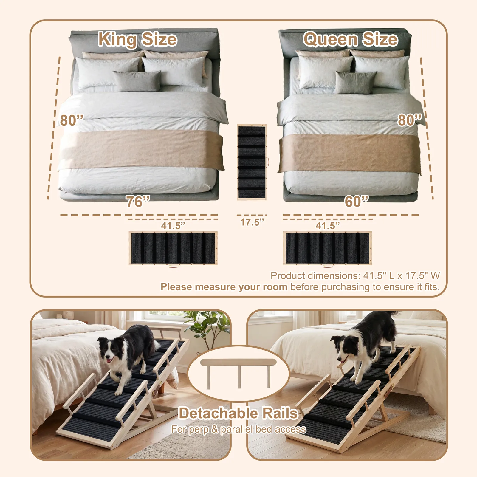 Dog Ramp for Bed, with Rails, 41.5" L, 17.5" W Extra Wide Wooden Pet Ramp for Large Dogs, 5 Heights Adjustable, Foldable Portable Dog Ramp for Couch Bed Car, Anti-Slip Carpet Surface, 220 lbs Capacity