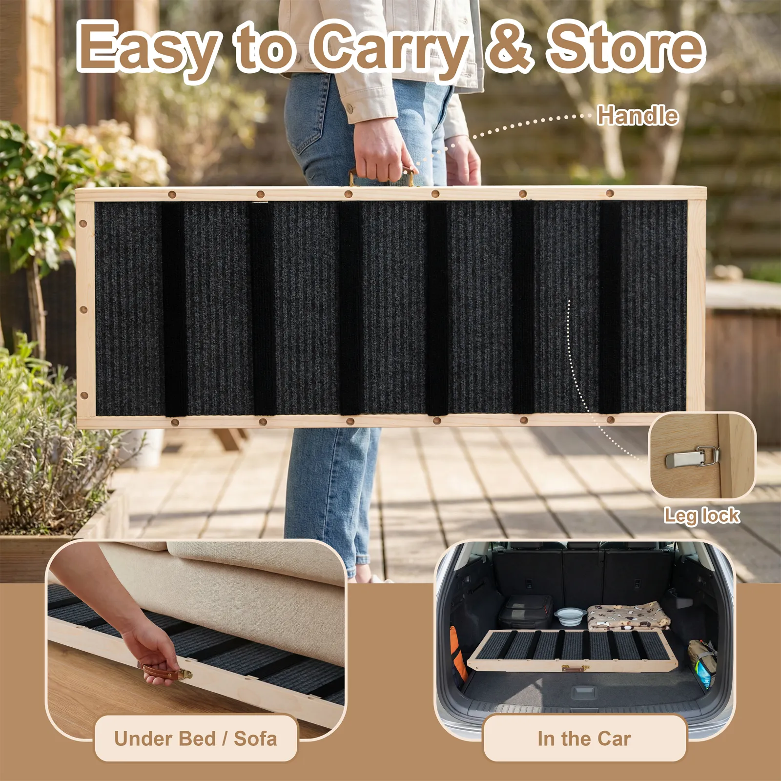 Dog Ramp for Bed, with Rails, 41.5" L, 17.5" W Extra Wide Wooden Pet Ramp for Large Dogs, 5 Heights Adjustable, Foldable Portable Dog Ramp for Couch Bed Car, Anti-Slip Carpet Surface, 220 lbs Capacity