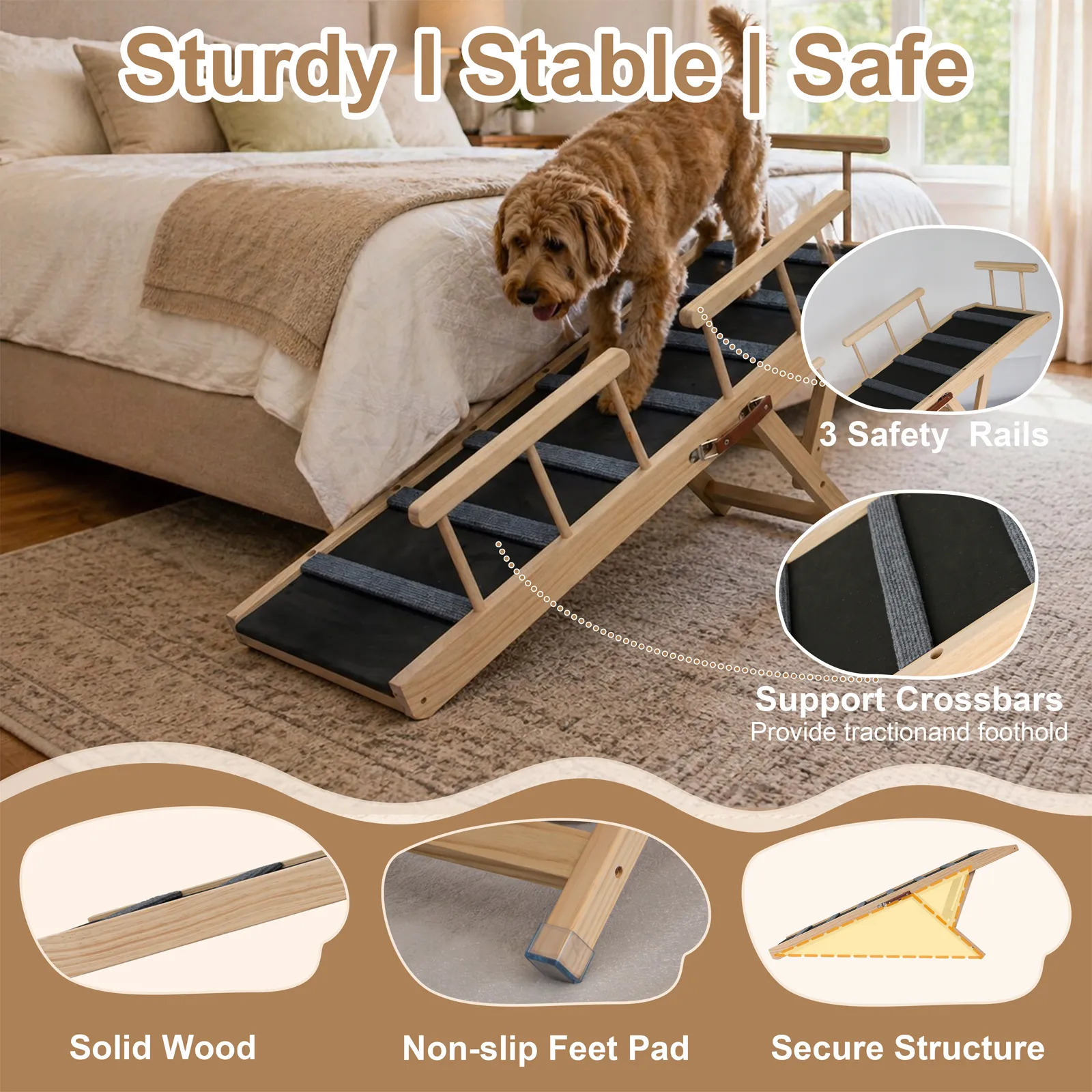 Dog Ramp with Rails,47.24" Long Wooden Dog Ramp for Bed & Couch,3 Detachable Rails, 6-Level Adjustable Heights (13.5"-27.8"), Foldable Pet Ramp, Anti-Slip Carpet with 7 Crossbars, 200 lbs Capacity