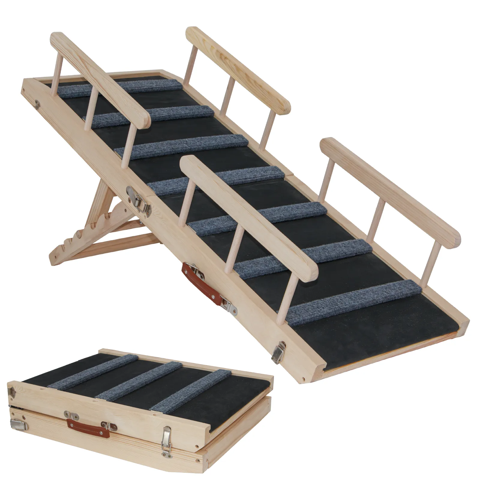 Dog Ramp with Safety Rails, 45.2" Foldable Dog Ramp for Bed, Wooden Pet Ramp for Couch, Car, 4 Adjustable Heights from 12." to 29.3", with Anti-Slip Traction Mat, Max Load 200lbs