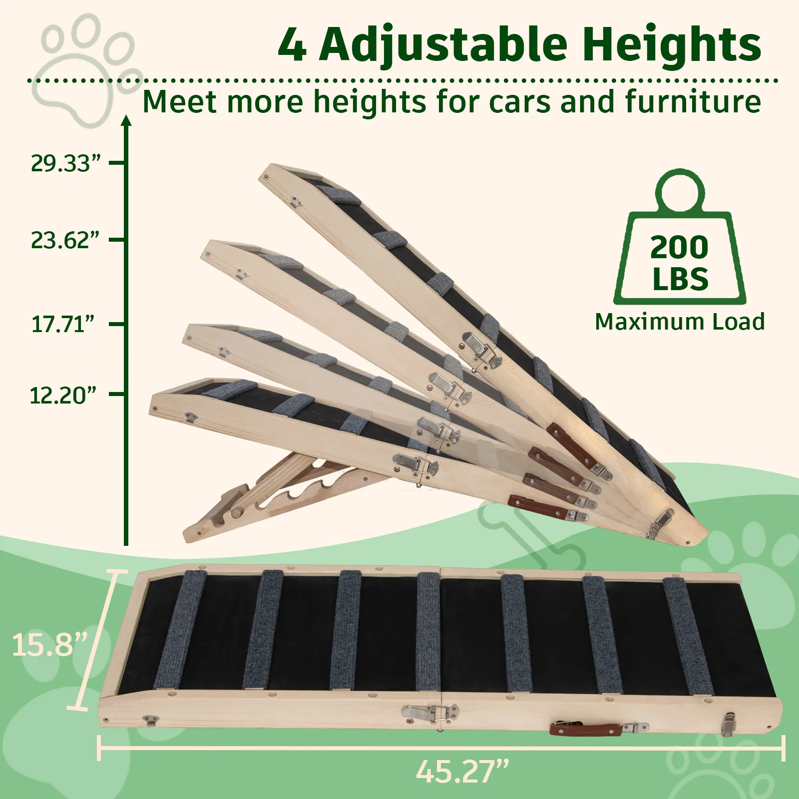 Dog Ramp with Safety Rails, 45.2" Foldable Dog Ramp for Bed, Wooden Pet Ramp for Couch, Car, 4 Adjustable Heights from 12." to 29.3", with Anti-Slip Traction Mat, Max Load 200lbs