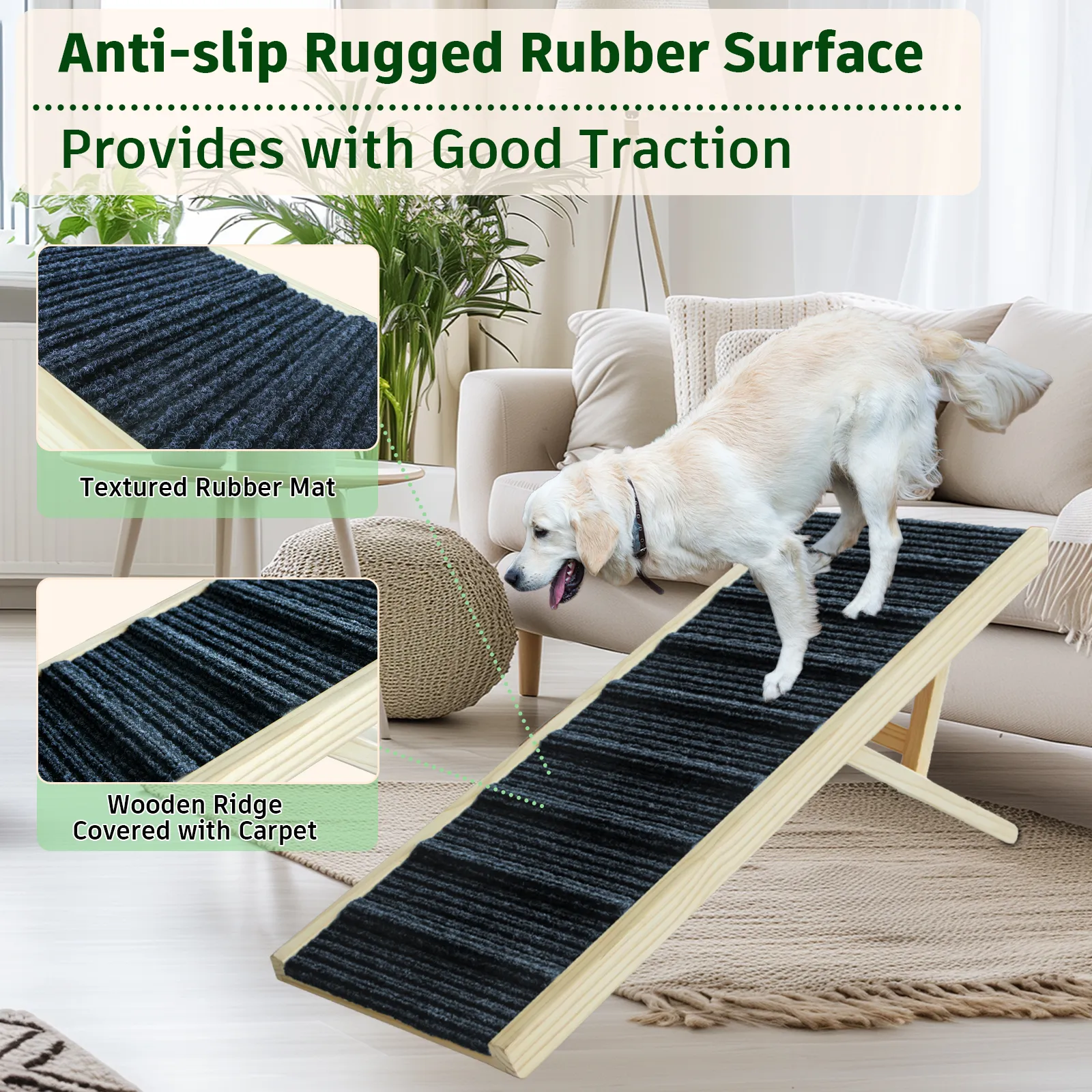 Dog Ramp for Bed, 43.5" Long Wooden Foldable Dog Ramp, 6 Adjustable Heights