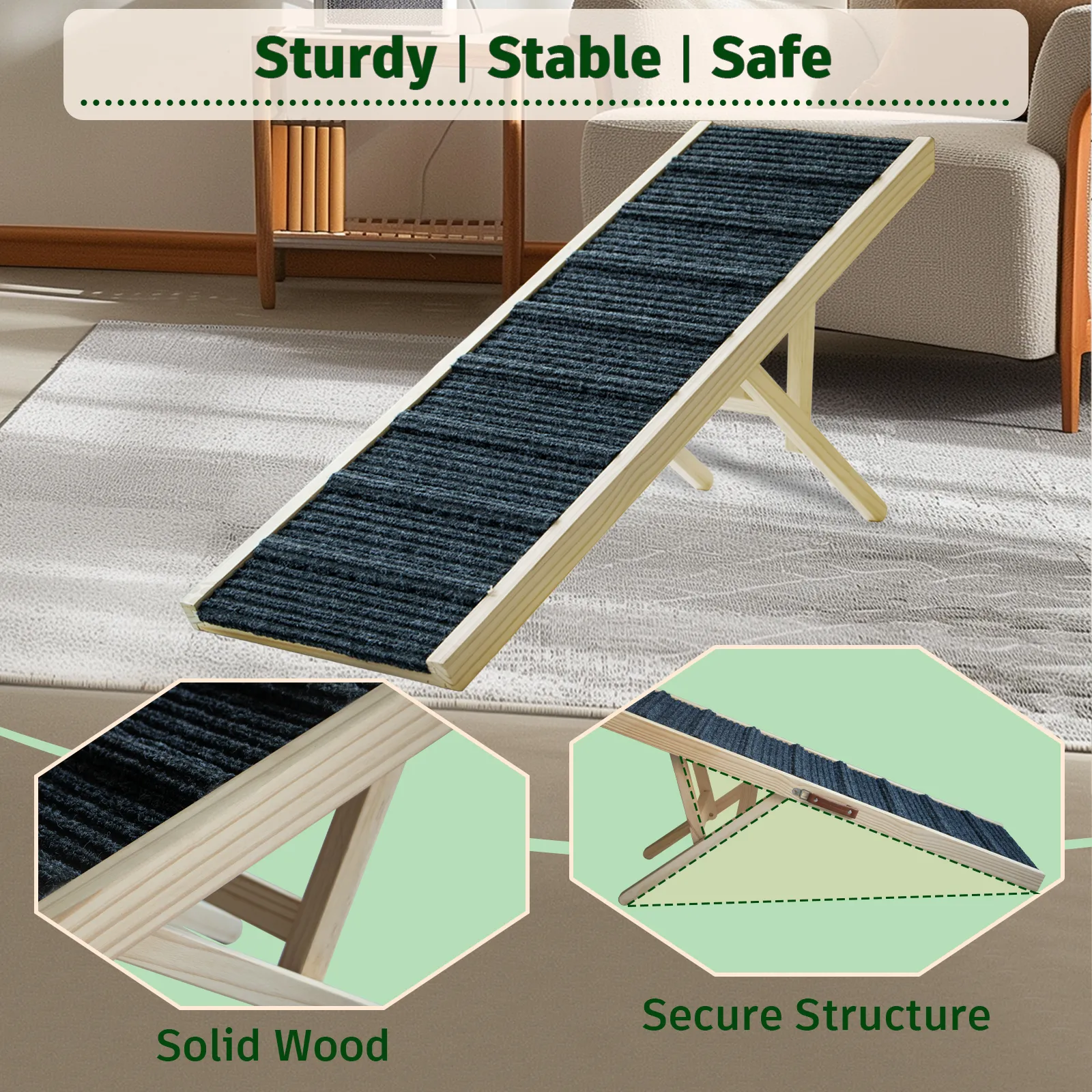 Dog Ramp for Bed, 43.5" Long Wooden Foldable Dog Ramp, 6 Adjustable Heights