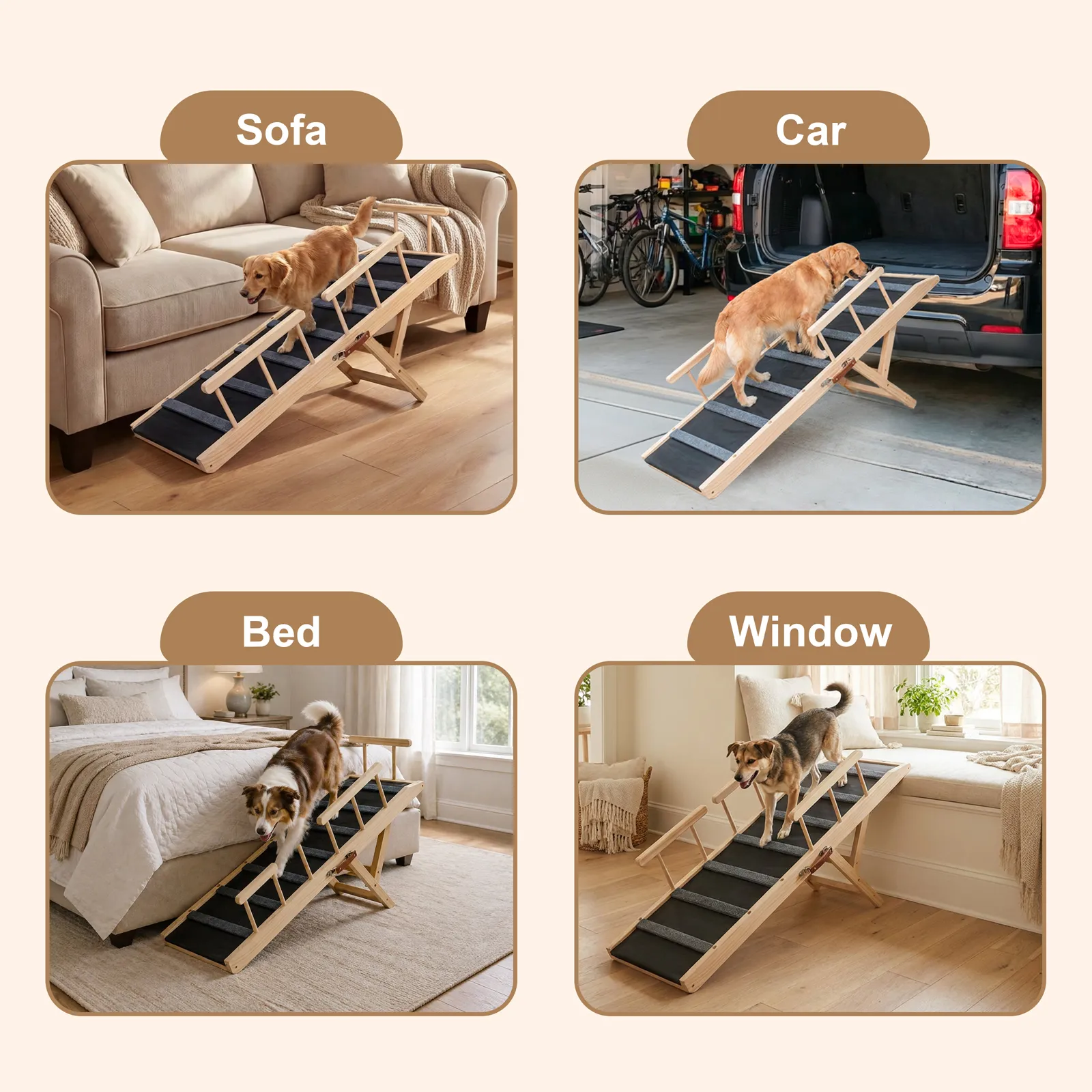 Dog Ramp with Rails,47.24" Long Wooden Dog Ramp for Bed & Couch,3 Detachable Rails, 6-Level Adjustable Heights (13.5"-27.8"), Foldable Pet Ramp, Anti-Slip Carpet with 7 Crossbars, 200 lbs Capacity