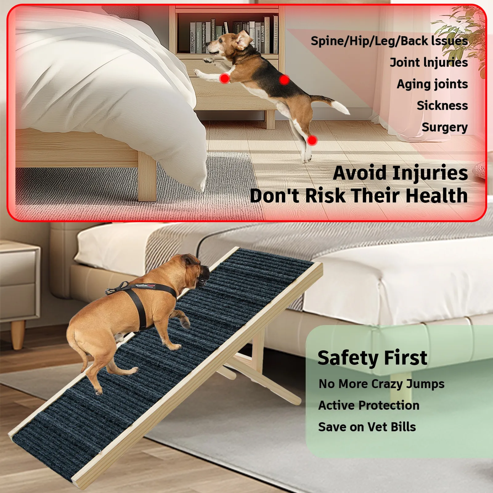 Dog Ramp for Bed, 43.5" Long Wooden Foldable Dog Ramp, 6 Adjustable Heights
