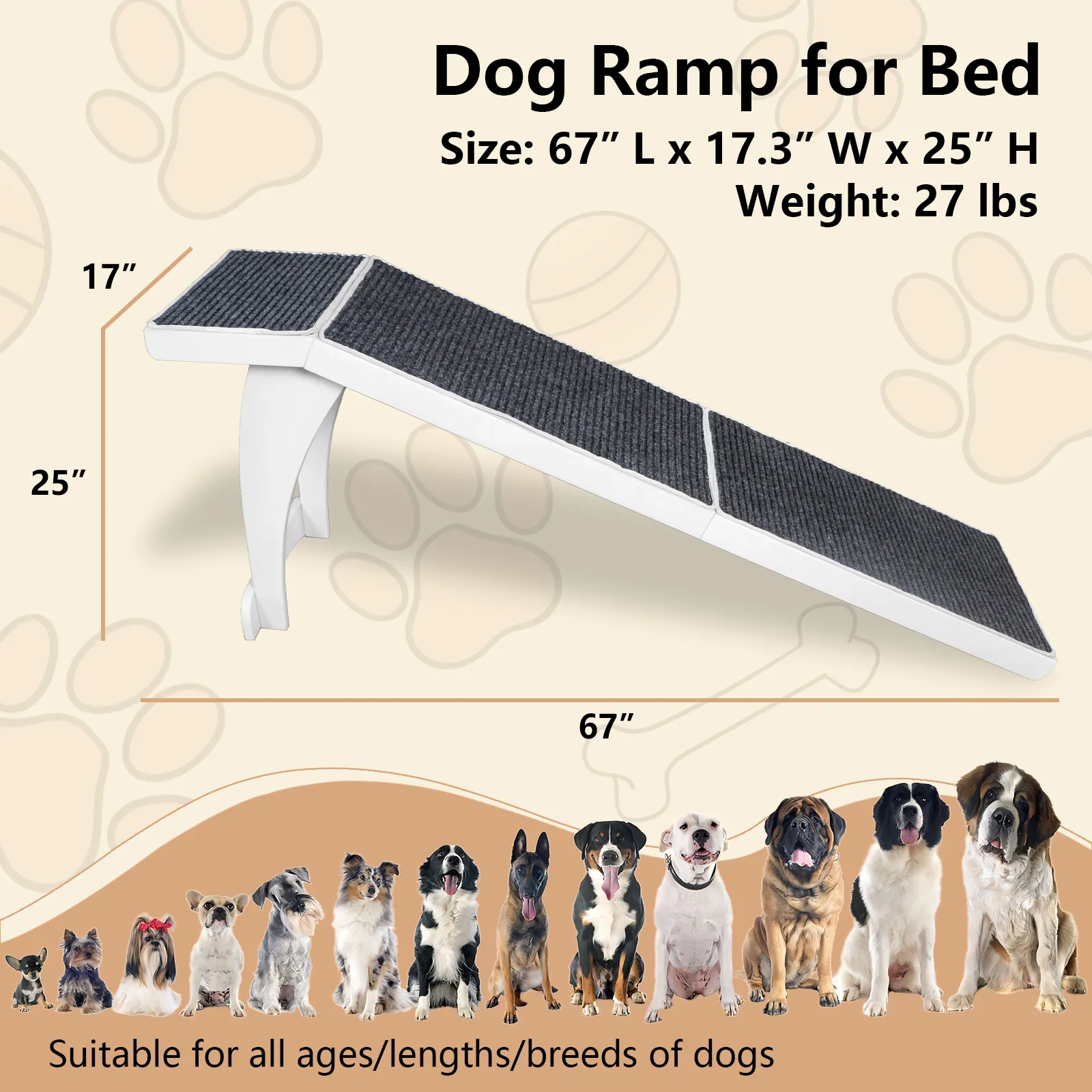 Dog Ramp, Wooden Dog Ramps for Bed, Couch, Car, 17" Extra Wide Pet Ramp for Small/Medium/Large Dogs- Hold up to 200lb, Non-Slip Rubber Surface, Ideal for Older Dogs & Cats for High Bed-White