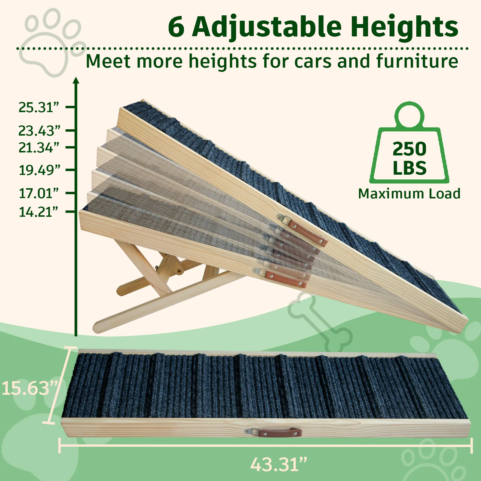 Dog Ramp for Bed, 43.5" Long Wooden Foldable Dog Ramp, 6 Adjustable Heights