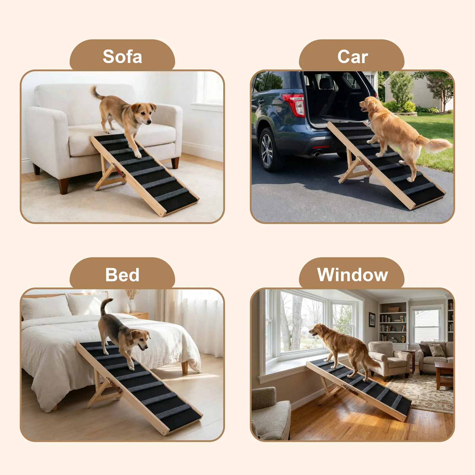 Dog Ramp for Bed, 39.4" Long Wooden Foldable Dog Ramp, 5 Adjustable Heights from 15.2" to 22.5" with Anti-Slip Traction Mat, Portable Pet Ramp for Car, Bed, Couch, Max 200lbs