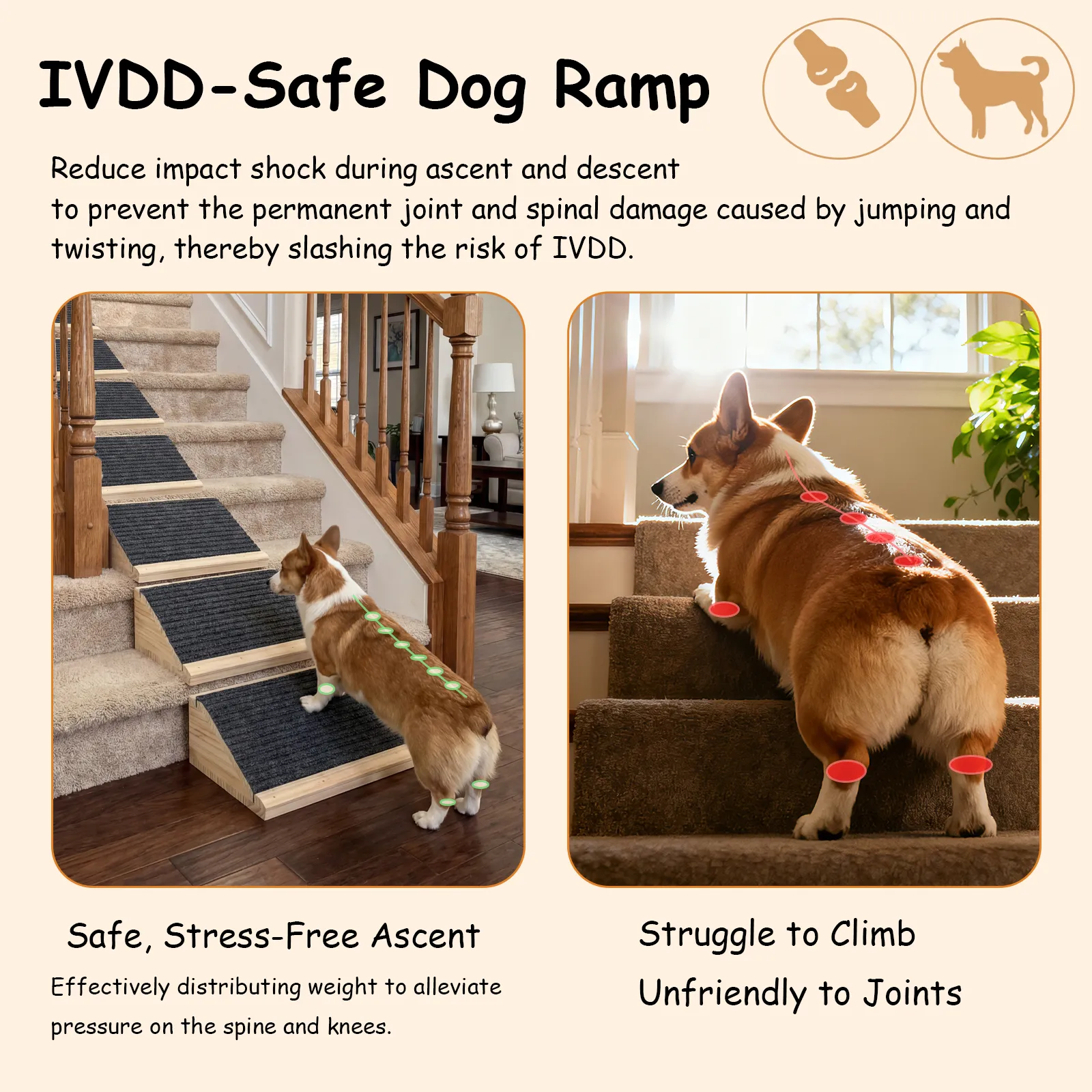 Dog Ramp for Stairs, Low-Angled Pet Stairs Ramps for Small Older Injured Dogs, Medium Dogs, 2 Pack