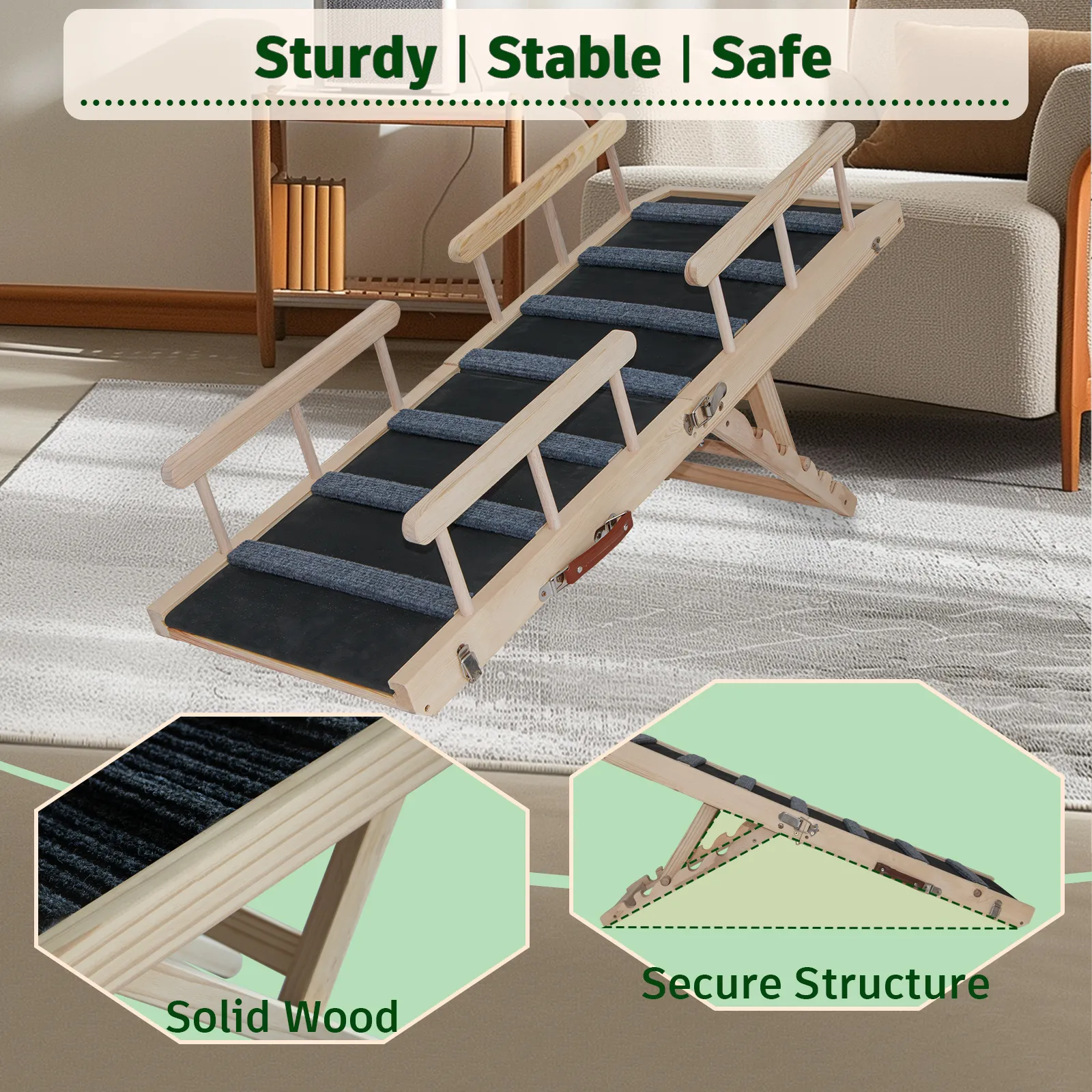 Dog Ramp with Safety Rails, 45.2" Foldable Dog Ramp for Bed, Wooden Pet Ramp for Couch, Car, 4 Adjustable Heights from 12." to 29.3", with Anti-Slip Traction Mat, Max Load 200lbs