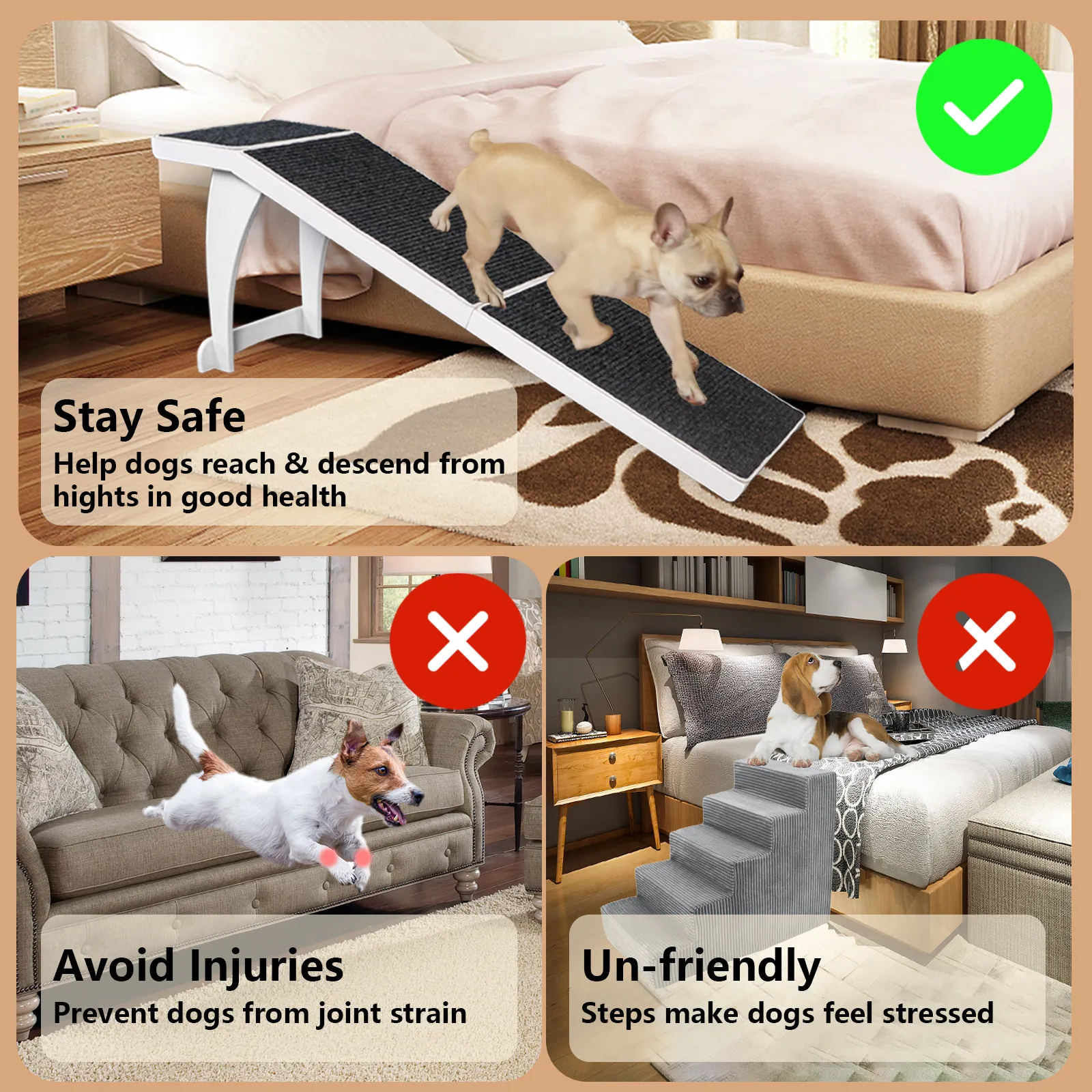 Dog Ramp, Wooden Dog Ramps for Bed, Couch, Car, 17" Extra Wide Pet Ramp for Small/Medium/Large Dogs- Hold up to 200lb, Non-Slip Rubber Surface, Ideal for Older Dogs & Cats for High Bed-White