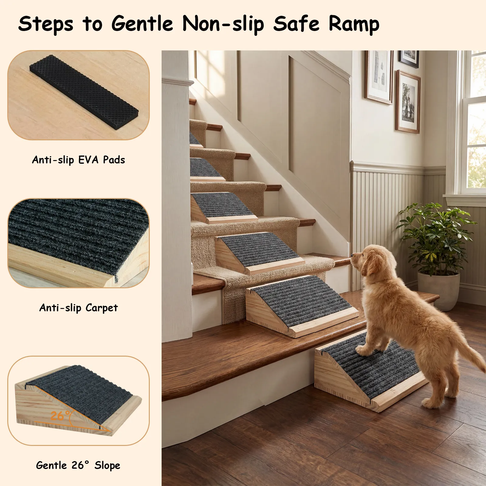 Dog Ramp for Stairs, Low-Angled Pet Stairs Ramps for Small Older Injured Dogs, Medium Dogs, 2 Pack