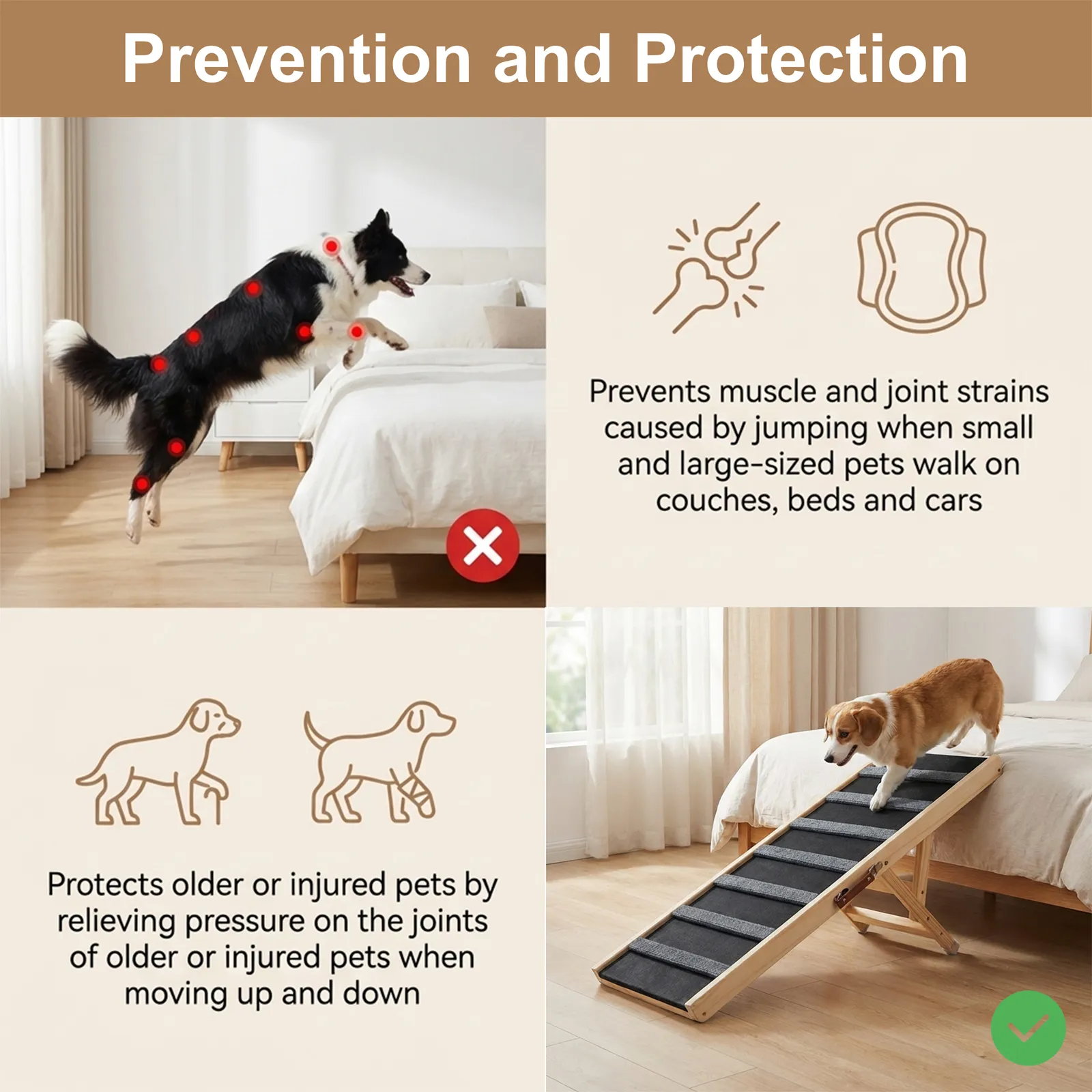 Dog Ramp for Bed, 39.4" Long Wooden Foldable Dog Ramp, 5 Adjustable Heights from 15.2" to 22.5" with Anti-Slip Traction Mat, Portable Pet Ramp for Car, Bed, Couch, Max 200lbs