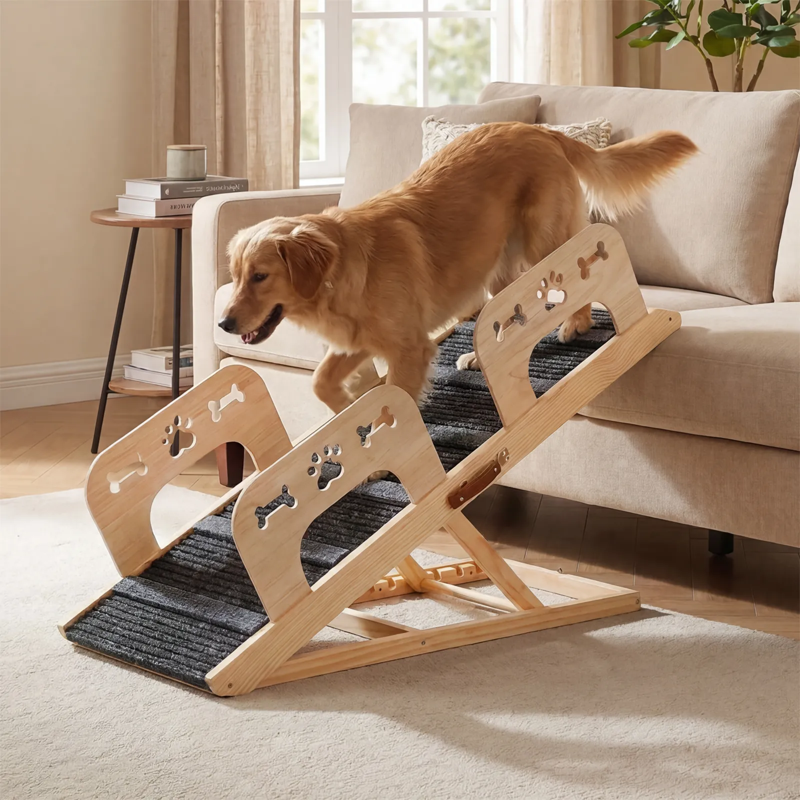 Dog Ramp with Rails,41.34" L Dog Ramp for Bed & Couch, 17.7" Whidth Foldable Wooden Pet Ramp,4 Detachable Rails, 5-Heights Adjustable (13.5"-27.8"), Anti-Slip Carpet with 7 Crossbars, 200 lbs