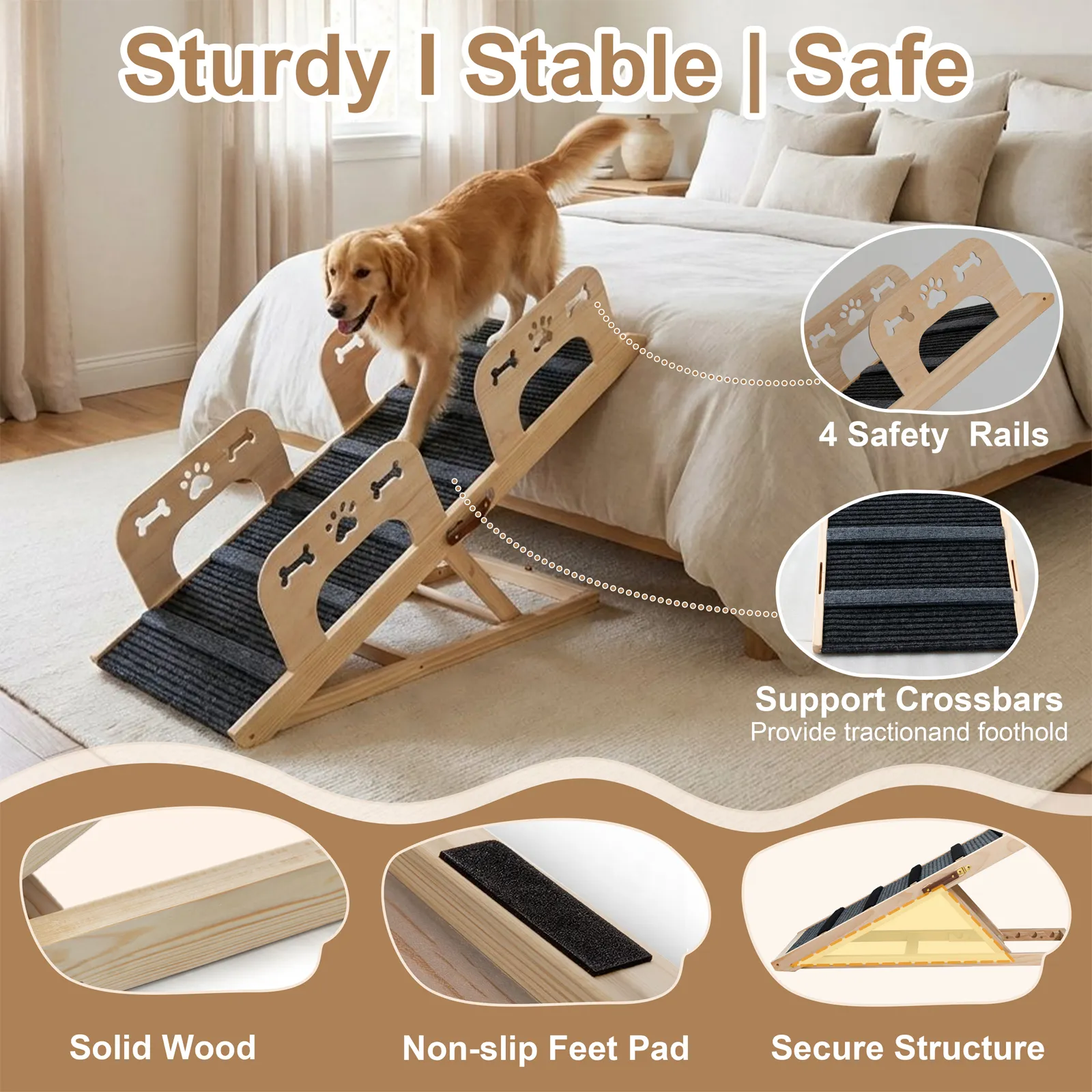 Dog Ramp with Rails,41.34" L Dog Ramp for Bed & Couch, 17.7" Whidth Foldable Wooden Pet Ramp,4 Detachable Rails, 5-Heights Adjustable (13.5"-27.8"), Anti-Slip Carpet with 7 Crossbars, 200 lbs