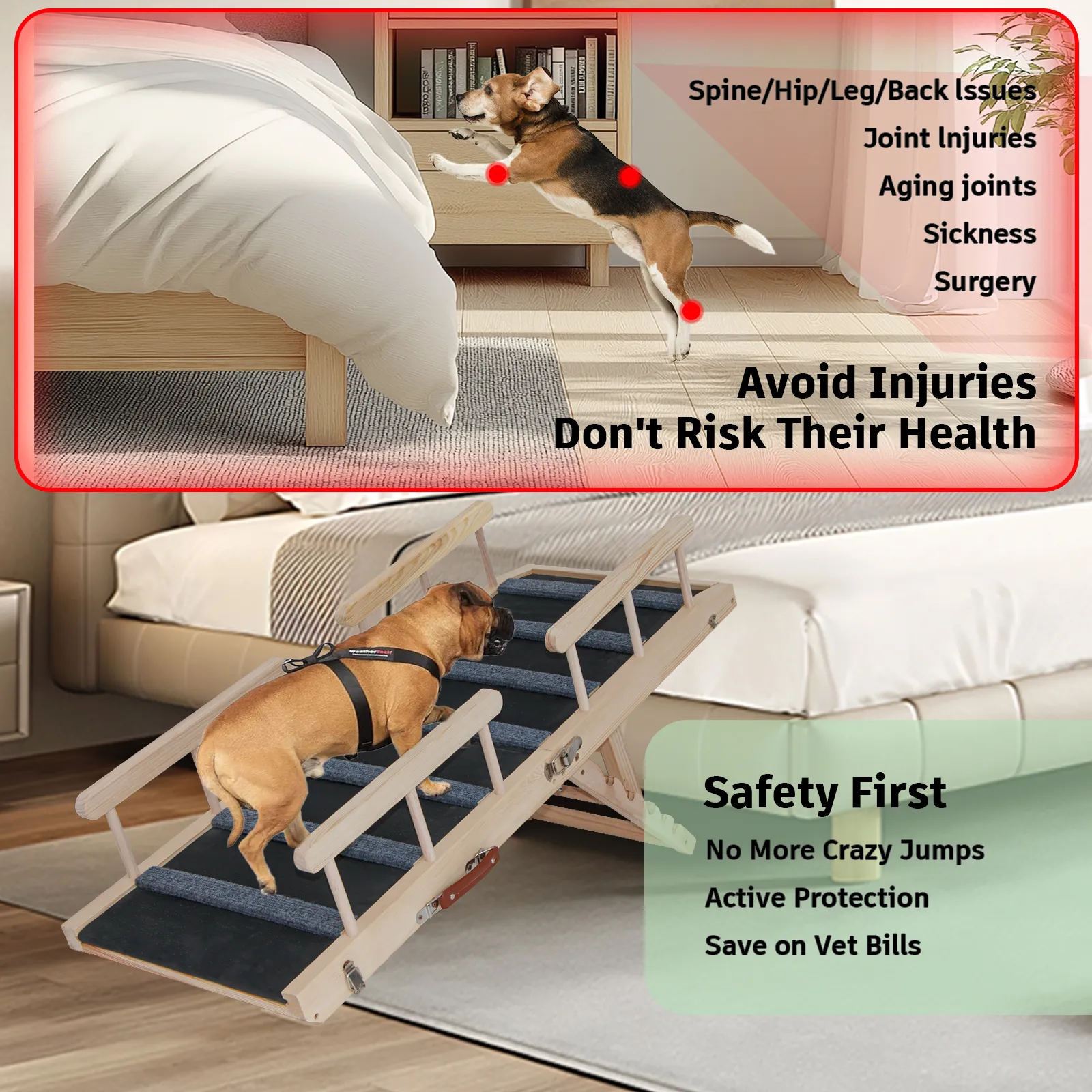 Dog Ramp with Safety Rails, 45.2" Foldable Dog Ramp for Bed, Wooden Pet Ramp for Couch, Car, 4 Adjustable Heights from 12." to 29.3", with Anti-Slip Traction Mat, Max Load 200lbs