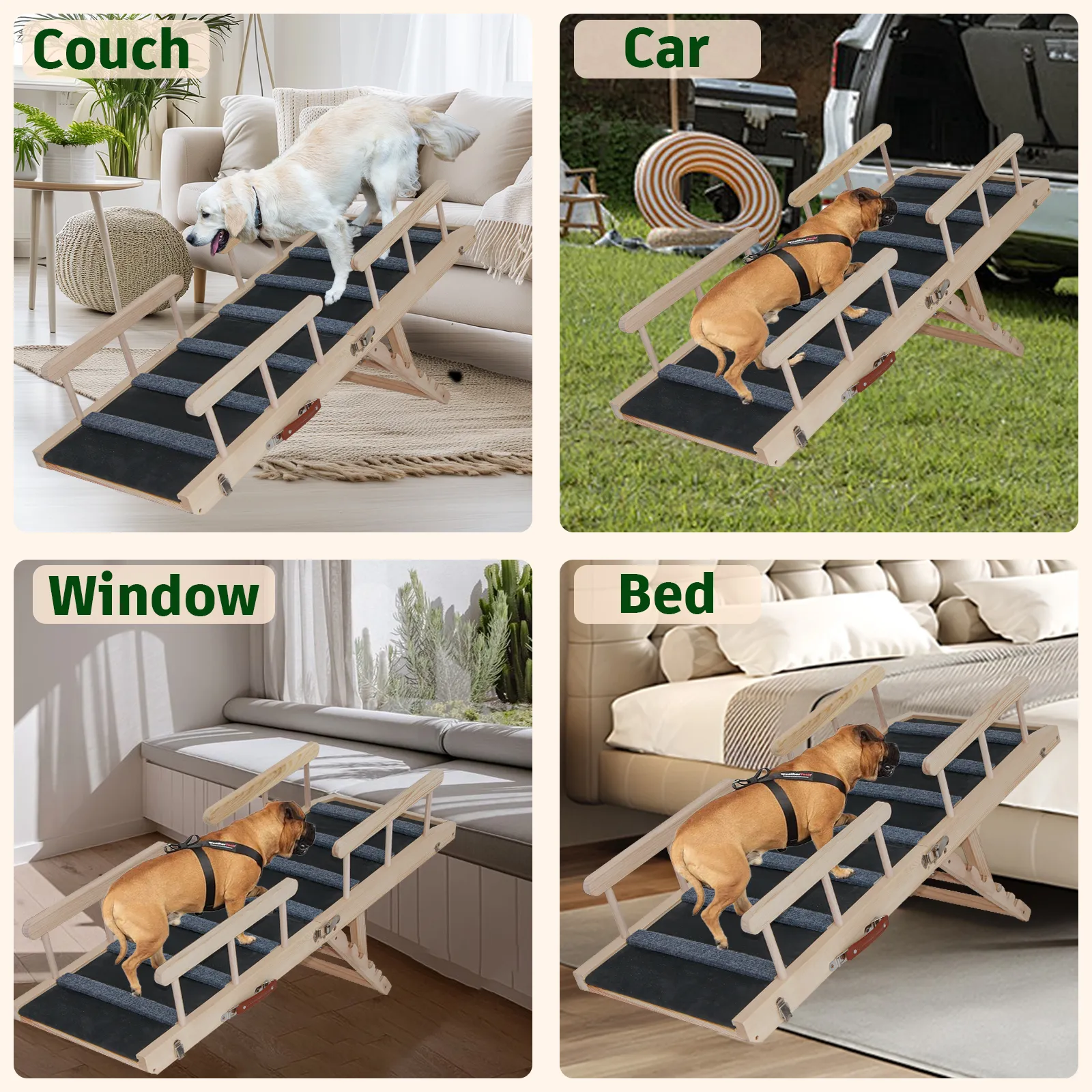 Dog Ramp with Safety Rails, 45.2" Foldable Dog Ramp for Bed, Wooden Pet Ramp for Couch, Car, 4 Adjustable Heights from 12." to 29.3", with Anti-Slip Traction Mat, Max Load 200lbs