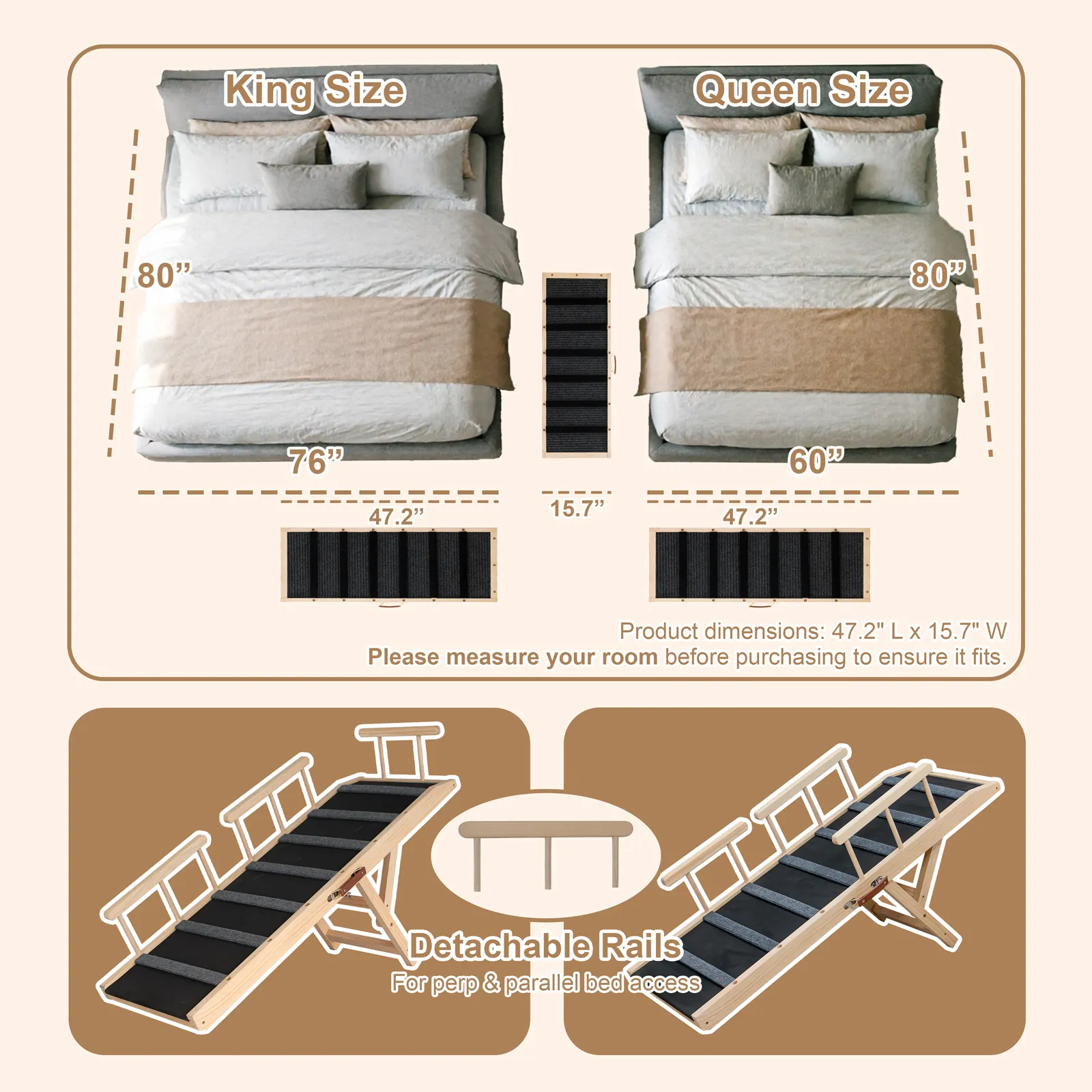 Dog Ramp with Rails,47.24" Long Wooden Dog Ramp for Bed & Couch,3 Detachable Rails, 6-Level Adjustable Heights (13.5"-27.8"), Foldable Pet Ramp, Anti-Slip Carpet with 7 Crossbars, 200 lbs Capacity