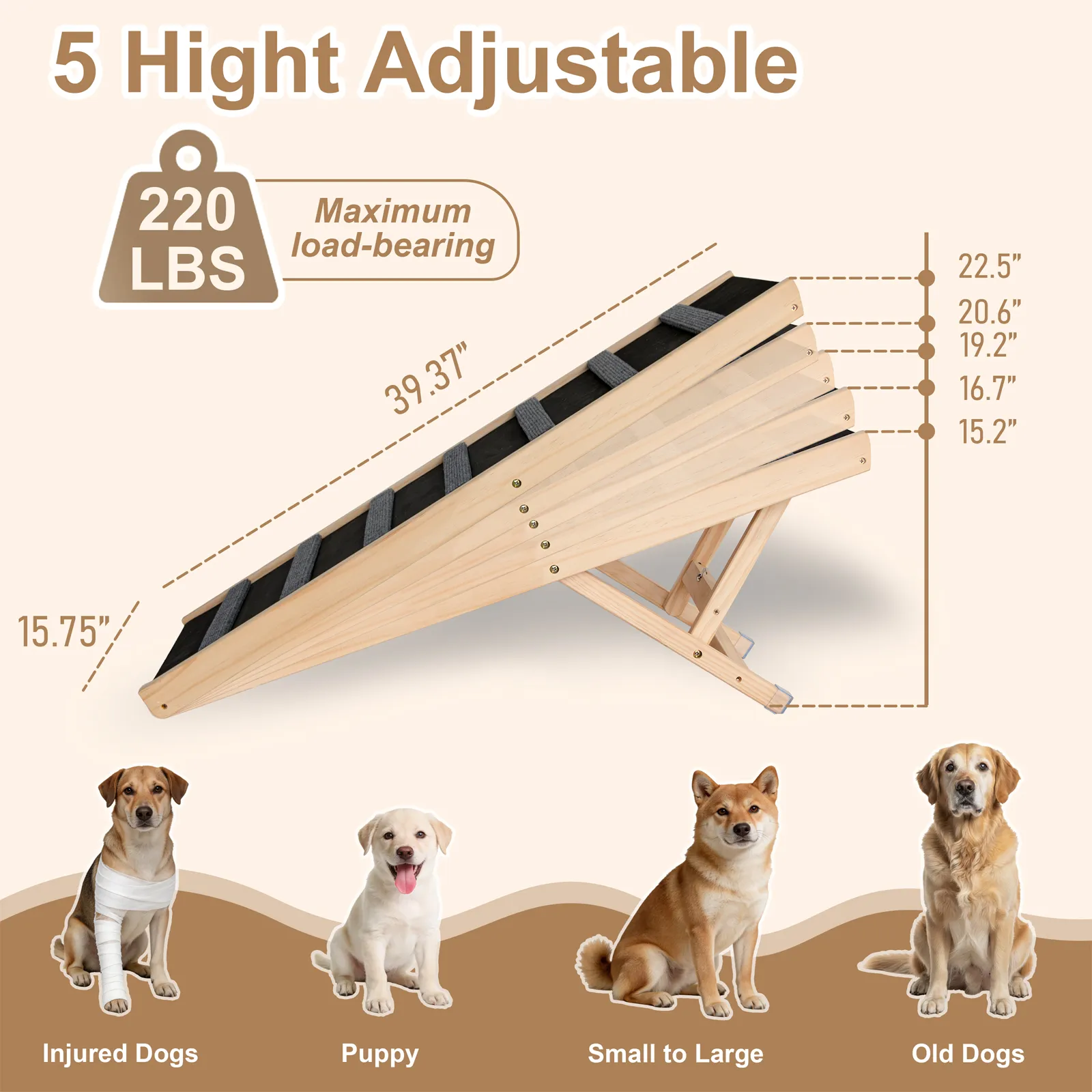 Dog Ramp for Bed, 39.4" Long Wooden Foldable Dog Ramp, 5 Adjustable Heights from 15.2" to 22.5" with Anti-Slip Traction Mat, Portable Pet Ramp for Car, Bed, Couch, Max 200lbs