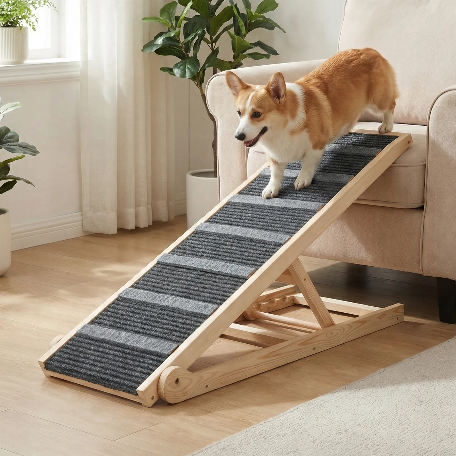 Dog Ramp for Bed, for Couch, 47.24" Long Wooden Pet Ramp for Small & Large Dogs to Get on Bed Couch Car Up to 200LBS, 4 Adjustable Heights (13.7"-24.6"), Foldable Dog Bed Ramp with Anti-Slip Surface