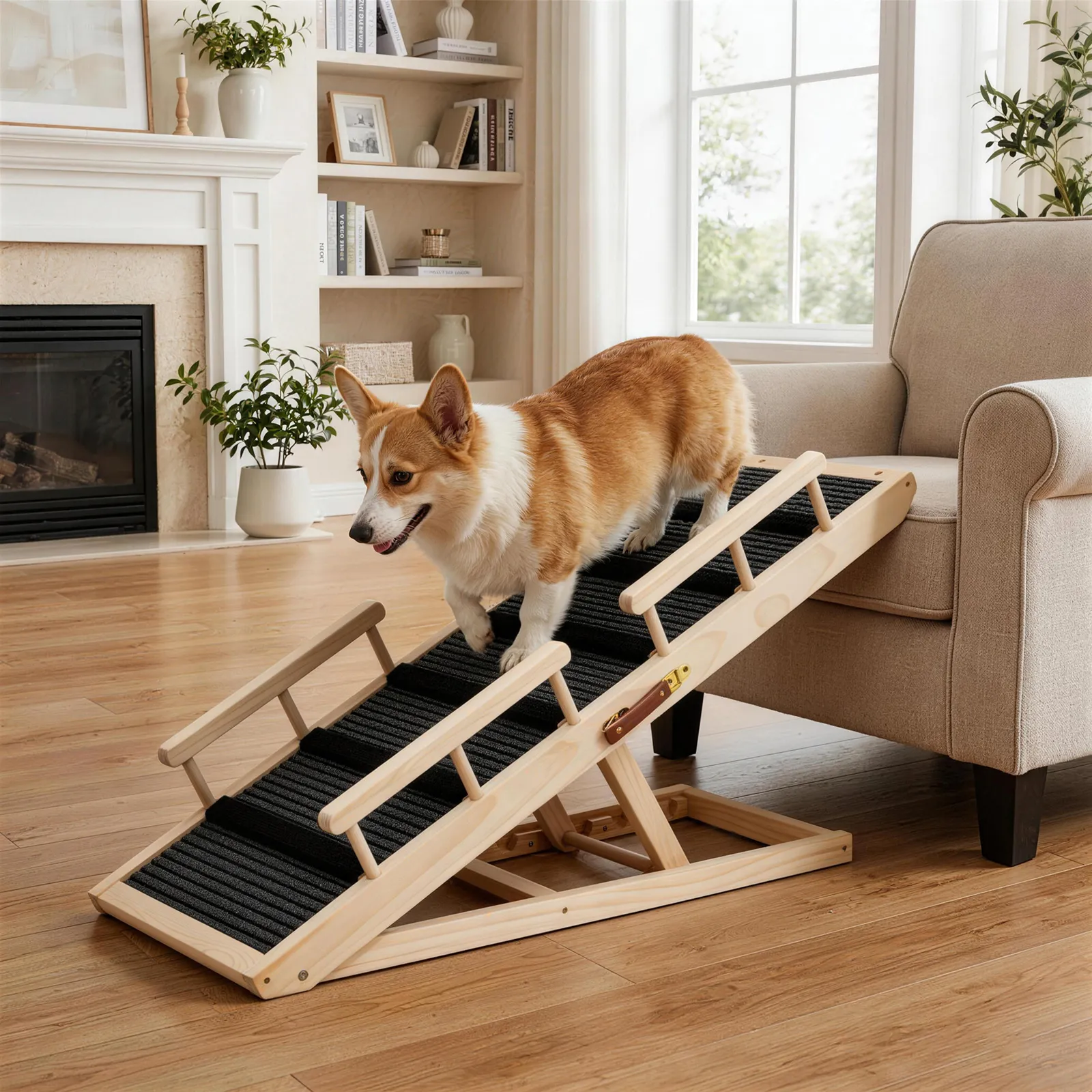 Dog Ramp for Bed, with Rails, 41.5" L, 17.5" W Extra Wide Wooden Pet Ramp for Large Dogs, 5 Heights Adjustable, Foldable Portable Dog Ramp for Couch Bed Car, Anti-Slip Carpet Surface, 220 lbs Capacity