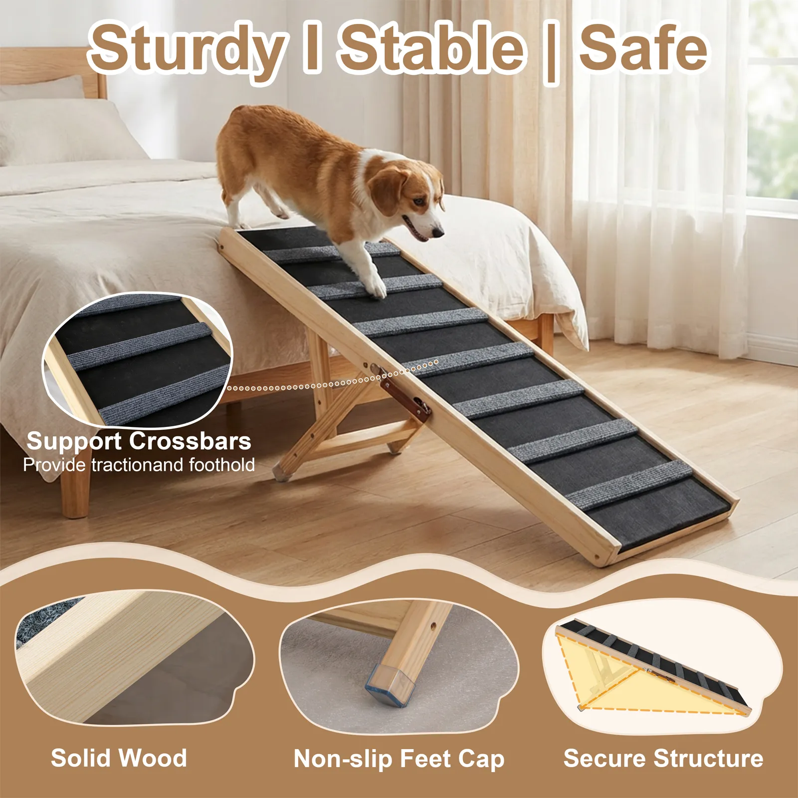 Dog Ramp for Bed, 39.4" Long Wooden Foldable Dog Ramp, 5 Adjustable Heights from 15.2" to 22.5" with Anti-Slip Traction Mat, Portable Pet Ramp for Car, Bed, Couch, Max 200lbs