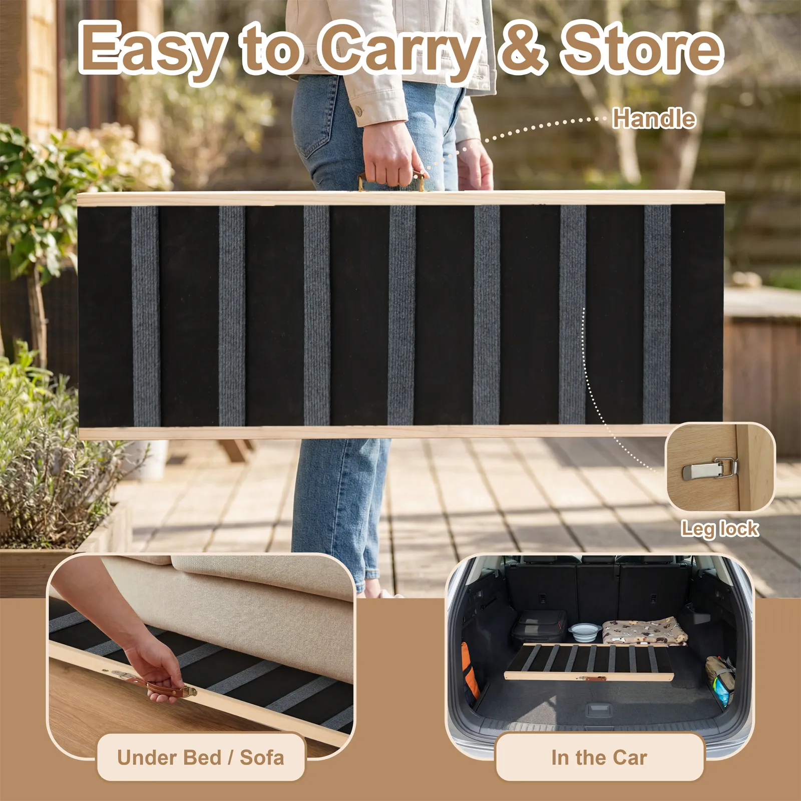Dog Ramp for Bed, 39.4" Long Wooden Foldable Dog Ramp, 5 Adjustable Heights from 15.2" to 22.5" with Anti-Slip Traction Mat, Portable Pet Ramp for Car, Bed, Couch, Max 200lbs