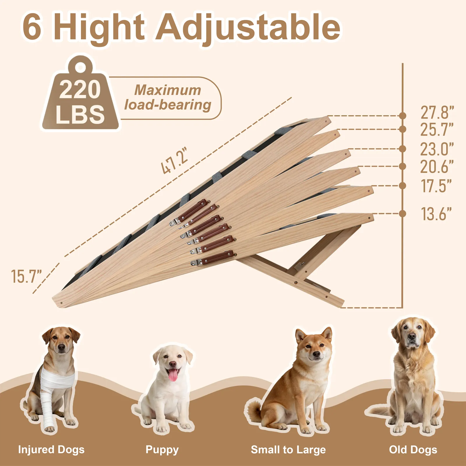 Dog Ramp with Rails,47.24" Long Wooden Dog Ramp for Bed & Couch,3 Detachable Rails, 6-Level Adjustable Heights (13.5"-27.8"), Foldable Pet Ramp, Anti-Slip Carpet with 7 Crossbars, 200 lbs Capacity