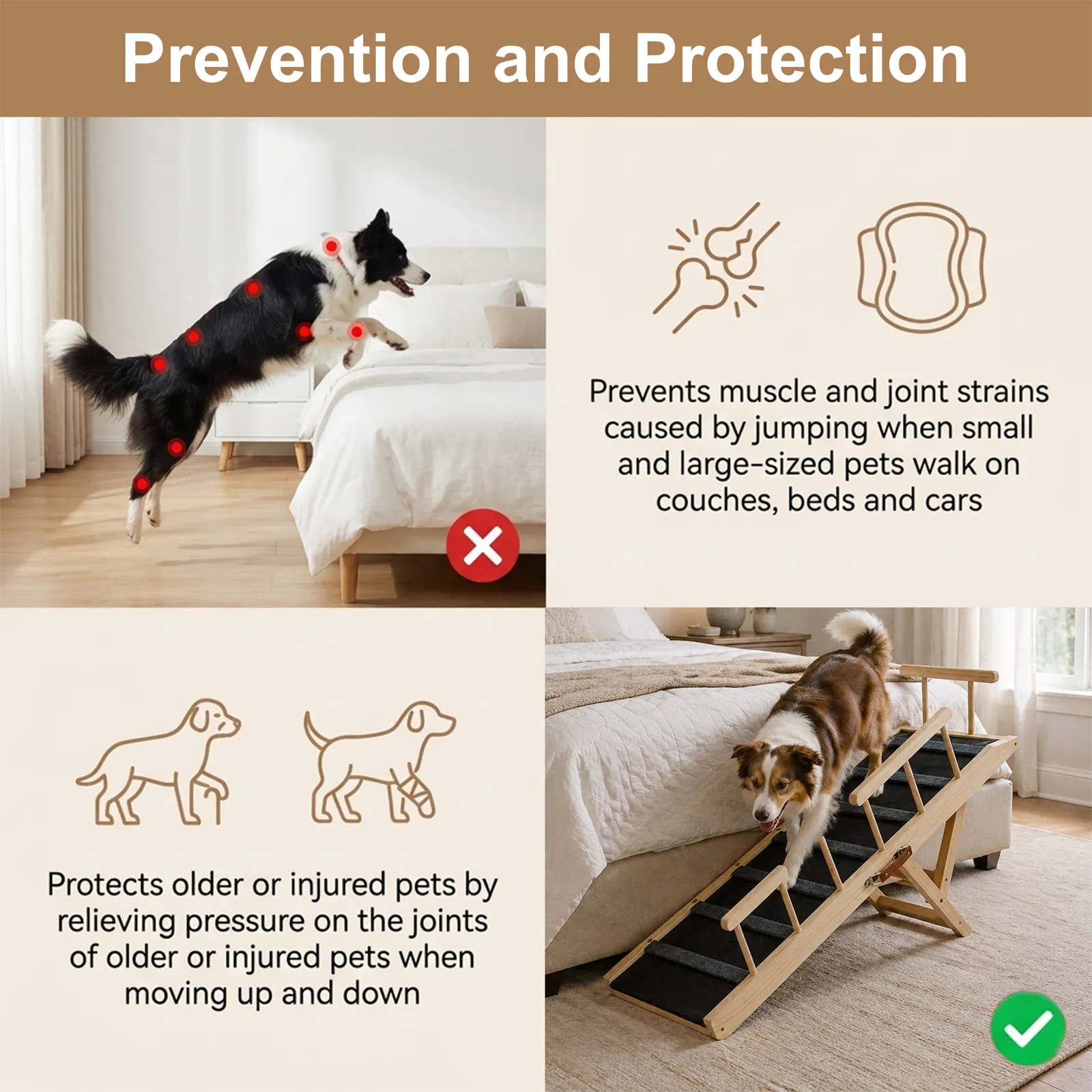 Dog Ramp with Rails,47.24" Long Wooden Dog Ramp for Bed & Couch,3 Detachable Rails, 6-Level Adjustable Heights (13.5"-27.8"), Foldable Pet Ramp, Anti-Slip Carpet with 7 Crossbars, 200 lbs Capacity