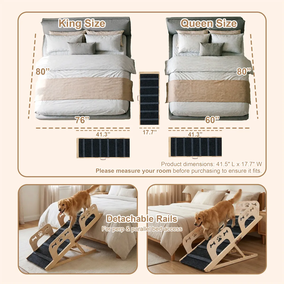 Dog Ramp with Rails,41.34" L Dog Ramp for Bed & Couch, 17.7" Whidth Foldable Wooden Pet Ramp,4 Detachable Rails, 5-Heights Adjustable (13.5"-27.8"), Anti-Slip Carpet with 7 Crossbars, 200 lbs