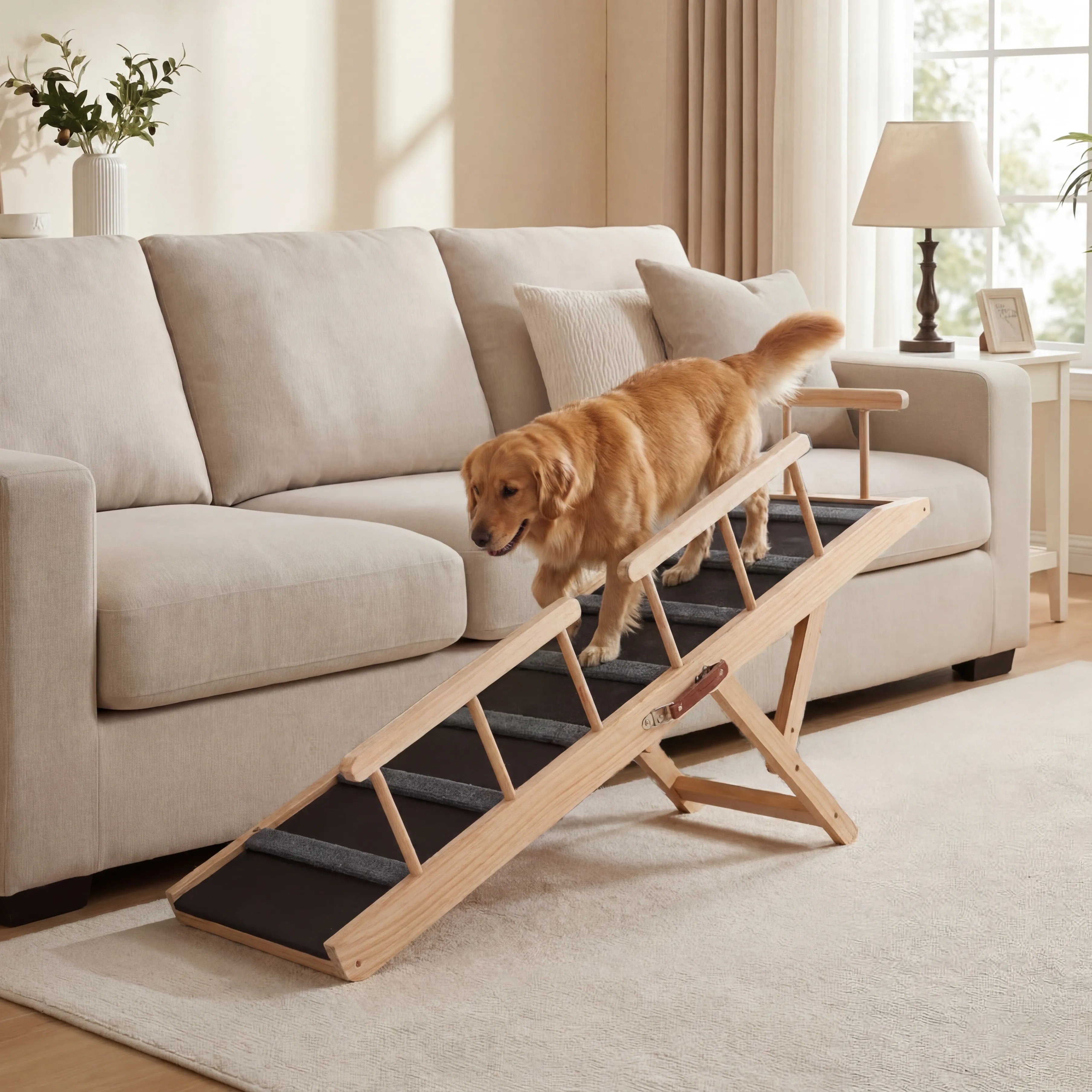 Dog Ramp with Rails,47.24" Long Wooden Dog Ramp for Bed & Couch,3 Detachable Rails, 6-Level Adjustable Heights (13.5"-27.8"), Foldable Pet Ramp, Anti-Slip Carpet with 7 Crossbars, 200 lbs Capacity
