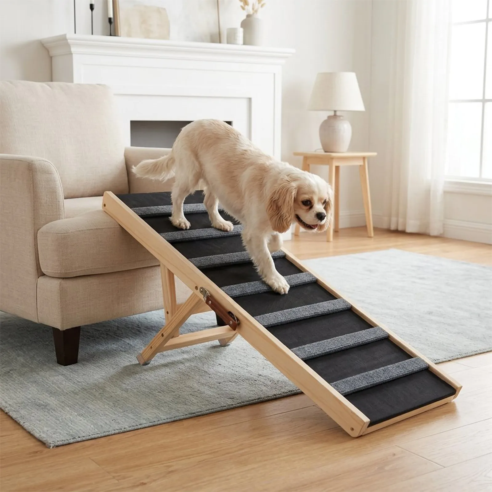 Dog Ramp for Bed, 39.4" Long Wooden Foldable Dog Ramp, 5 Adjustable Heights from 15.2" to 22.5" with Anti-Slip Traction Mat, Portable Pet Ramp for Car, Bed, Couch, Max 200lbs