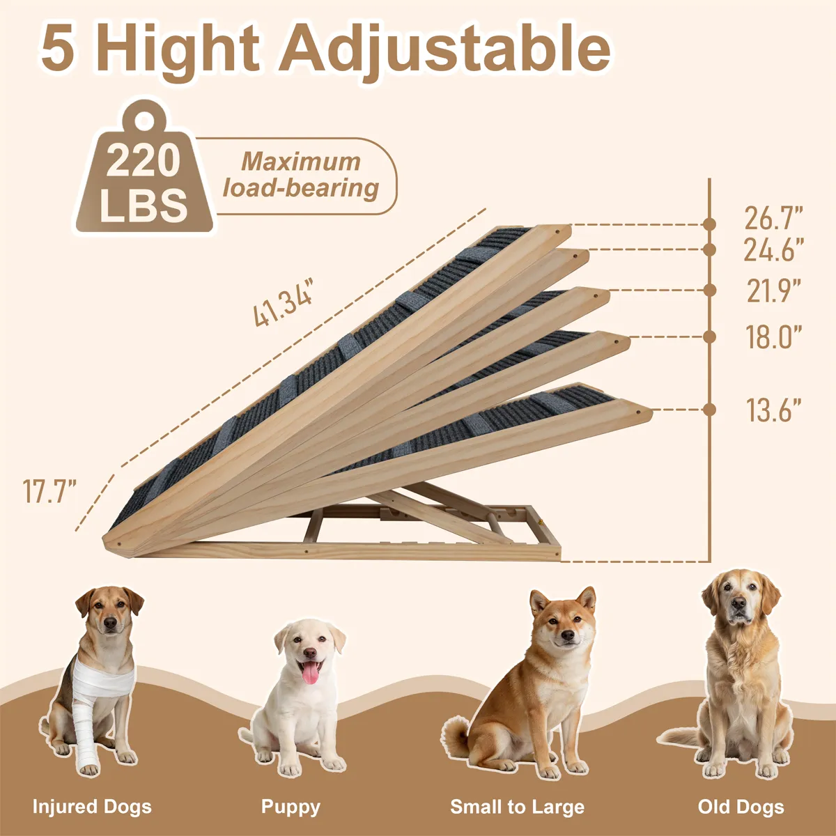 Dog Ramp with Rails,41.34" L Dog Ramp for Bed & Couch, 17.7" Whidth Foldable Wooden Pet Ramp,4 Detachable Rails, 5-Heights Adjustable (13.5"-27.8"), Anti-Slip Carpet with 7 Crossbars, 200 lbs