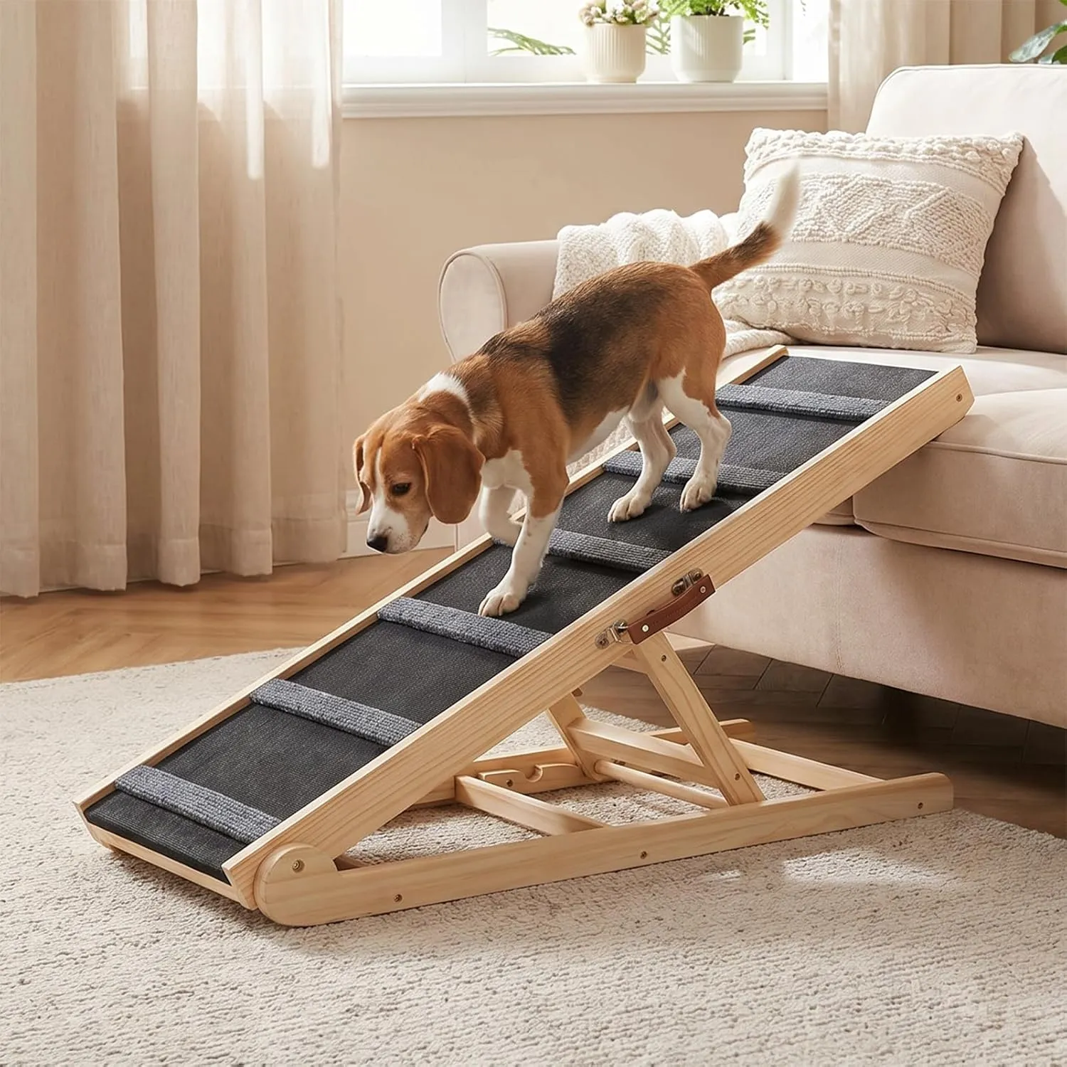 Dog Ramp for Bed, 41.34" Wooden Pet Ramp, 6 Heights Adjustable (13.5"-26"), Foldable Portable Dog Ramp for Couch Car, Anti-Slip Rubber Pad with 6 Crossbars, Holds up to 200 lbs