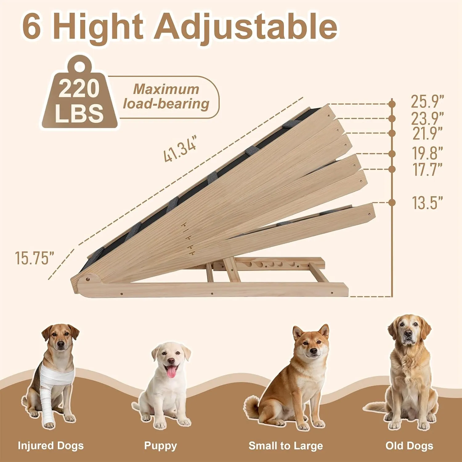 Dog Ramp for Bed, 41.34" Wooden Pet Ramp, 6 Heights Adjustable (13.5"-26"), Foldable Portable Dog Ramp for Couch Car, Anti-Slip Rubber Pad with 6 Crossbars, Holds up to 200 lbs