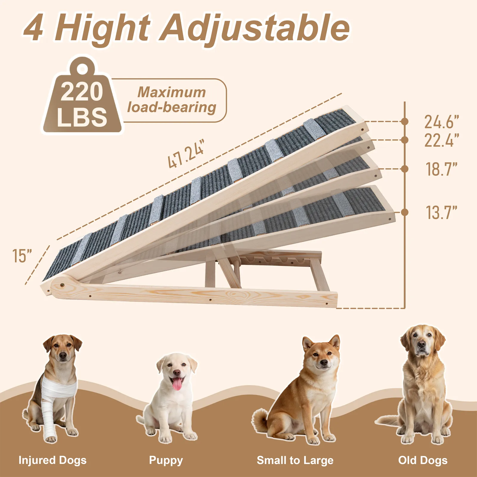 Dog Ramp for Bed, for Couch, 47.24" Long Wooden Pet Ramp for Small & Large Dogs to Get on Bed Couch Car Up to 200LBS, 4 Adjustable Heights (13.7"-24.6"), Foldable Dog Bed Ramp with Anti-Slip Surface