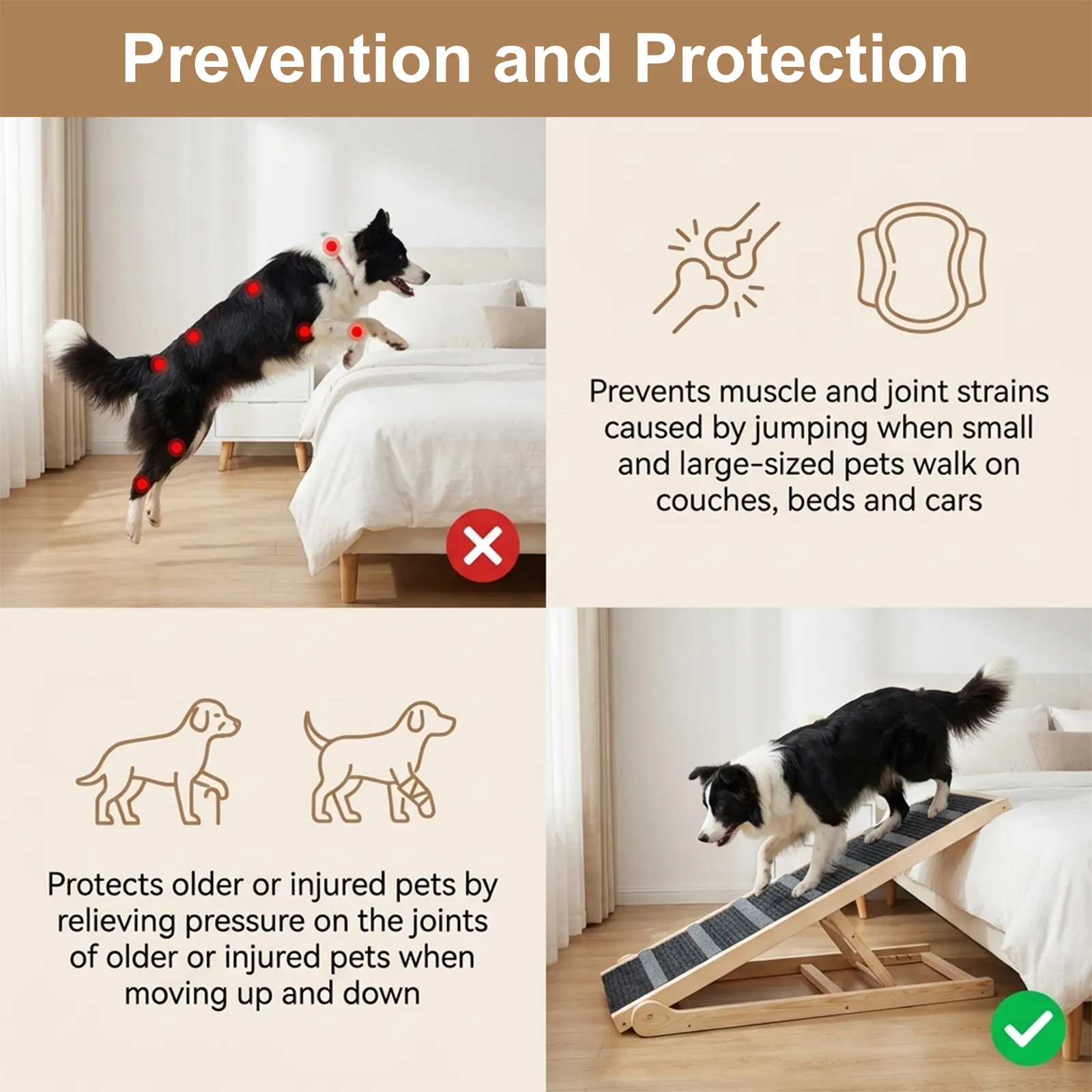 Dog Ramp for Bed, for Couch, 47.24" Long Wooden Pet Ramp for Small & Large Dogs to Get on Bed Couch Car Up to 200LBS, 4 Adjustable Heights (13.7"-24.6"), Foldable Dog Bed Ramp with Anti-Slip Surface