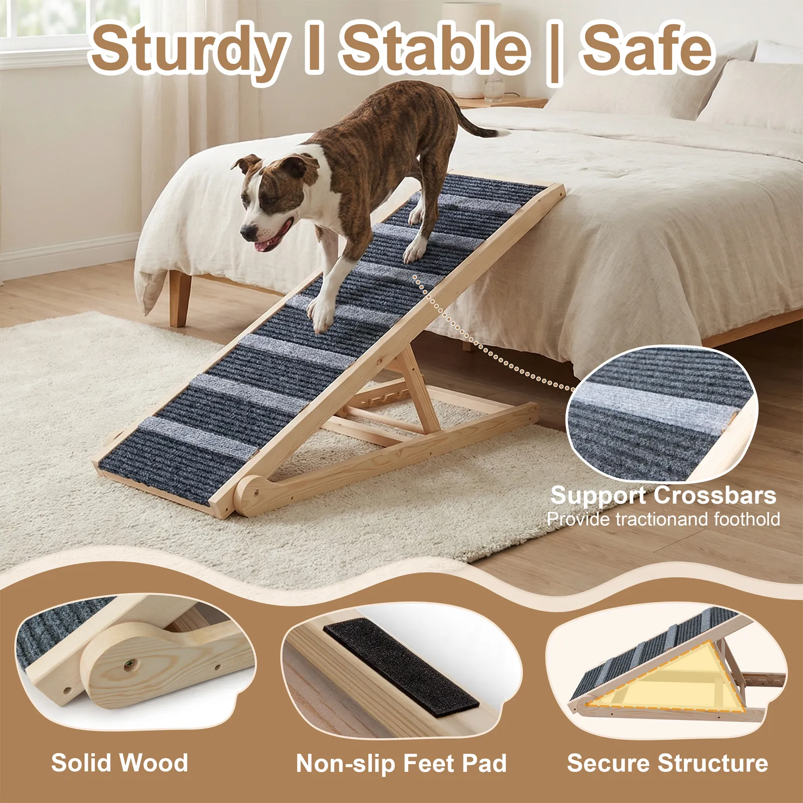 Dog Ramp for Bed, for Couch, 47.24" Long Wooden Pet Ramp for Small & Large Dogs to Get on Bed Couch Car Up to 200LBS, 4 Adjustable Heights (13.7"-24.6"), Foldable Dog Bed Ramp with Anti-Slip Surface