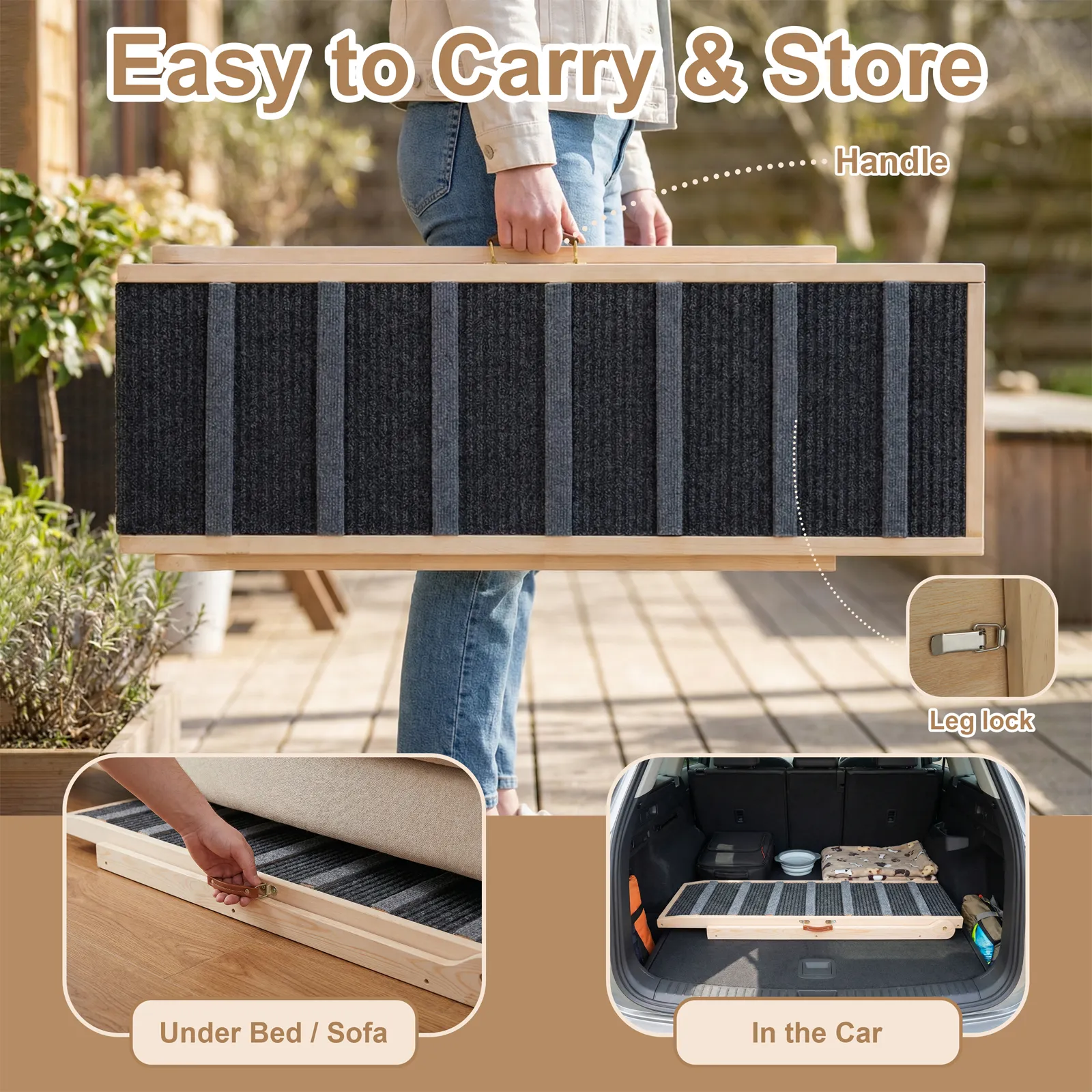 Dog Ramp for Bed, for Couch, 47.24" Long Wooden Pet Ramp for Small & Large Dogs to Get on Bed Couch Car Up to 200LBS, 4 Adjustable Heights (13.7"-24.6"), Foldable Dog Bed Ramp with Anti-Slip Surface