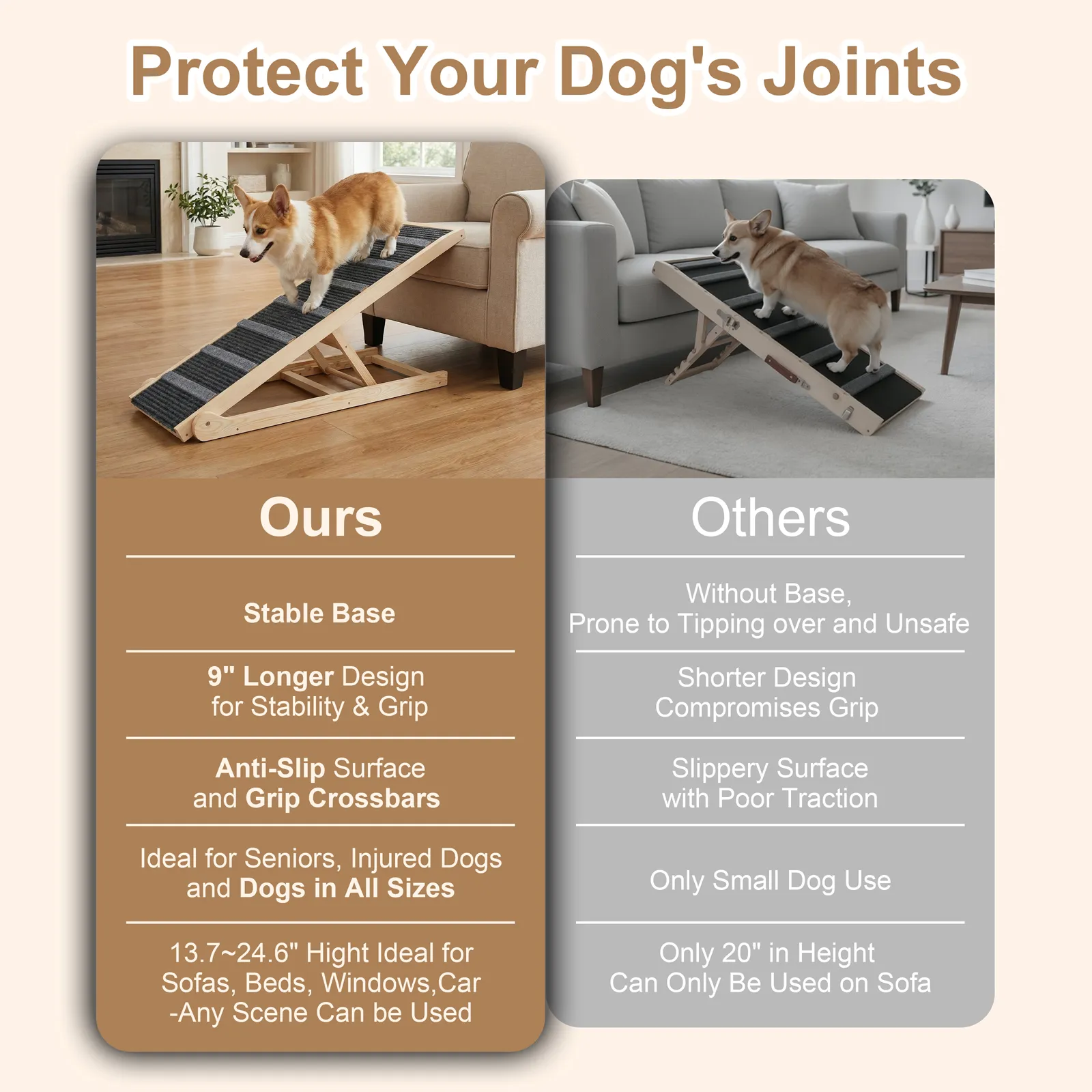 Dog Ramp for Bed, for Couch, 47.24" Long Wooden Pet Ramp for Small & Large Dogs to Get on Bed Couch Car Up to 200LBS, 4 Adjustable Heights (13.7"-24.6"), Foldable Dog Bed Ramp with Anti-Slip Surface