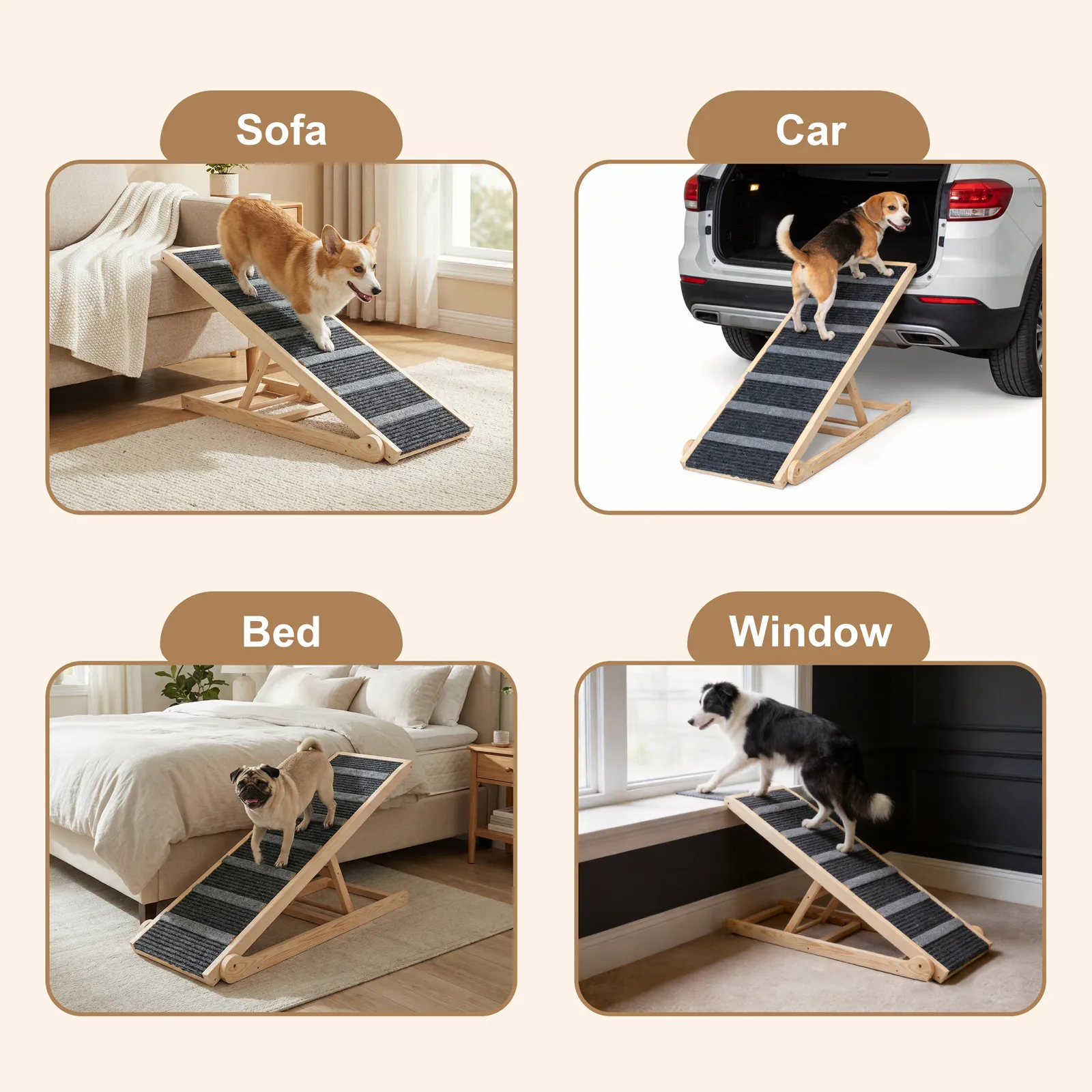 Dog Ramp for Bed, for Couch, 47.24" Long Wooden Pet Ramp for Small & Large Dogs to Get on Bed Couch Car Up to 200LBS, 4 Adjustable Heights (13.7"-24.6"), Foldable Dog Bed Ramp with Anti-Slip Surface