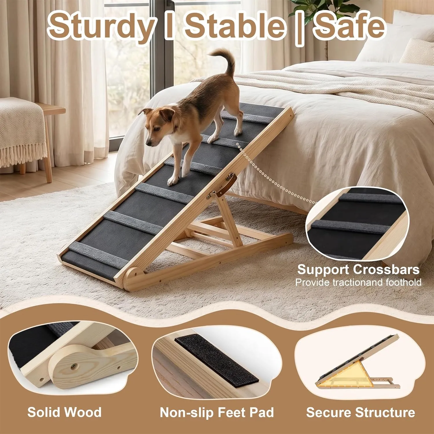 Dog Ramp for Bed, 41.34" Wooden Pet Ramp, 6 Heights Adjustable (13.5"-26"), Foldable Portable Dog Ramp for Couch Car, Anti-Slip Rubber Pad with 6 Crossbars, Holds up to 200 lbs