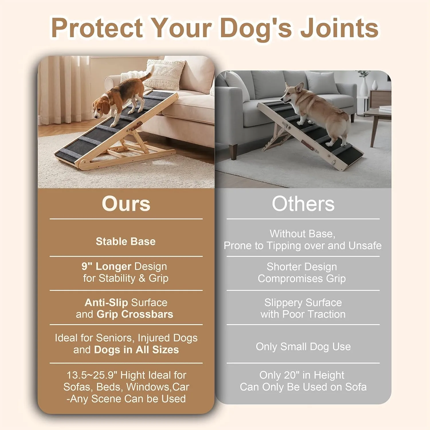 Dog Ramp for Bed, 41.34" Wooden Pet Ramp, 6 Heights Adjustable (13.5"-26"), Foldable Portable Dog Ramp for Couch Car, Anti-Slip Rubber Pad with 6 Crossbars, Holds up to 200 lbs