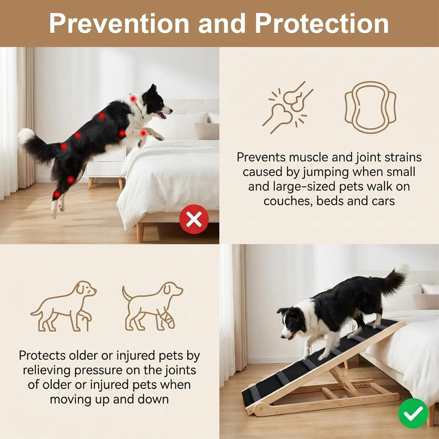 Dog Ramp for Bed, 41.34" Wooden Pet Ramp, 6 Heights Adjustable (13.5"-26"), Foldable Portable Dog Ramp for Couch Car, Anti-Slip Rubber Pad with 6 Crossbars, Holds up to 200 lbs